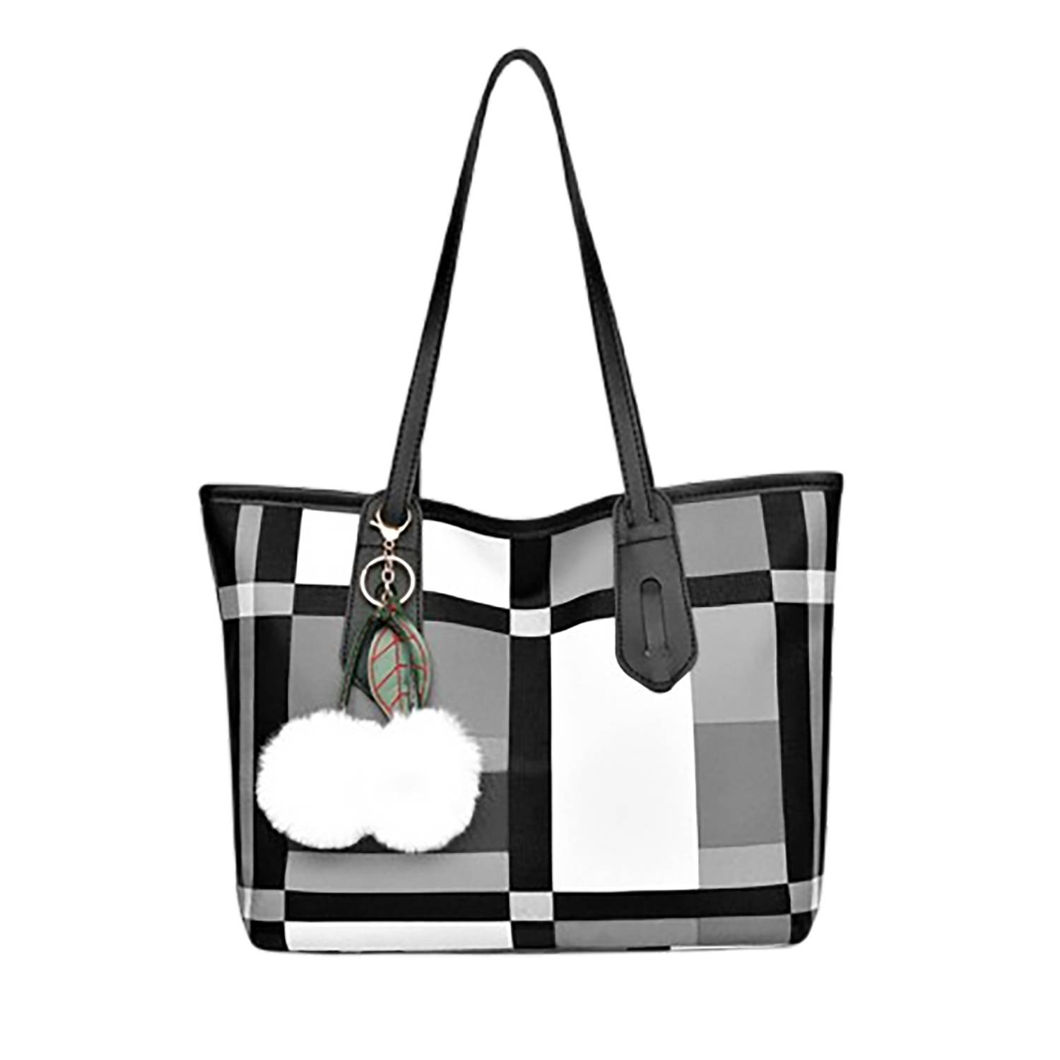 PU Leather Large-Capacity Tote Bag w/ Plush Pendant 2