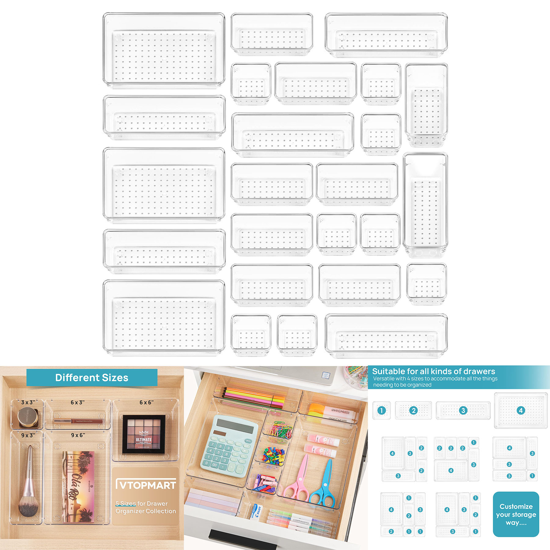 25 PCS Clear Plastic Drawer Organizers Set 2