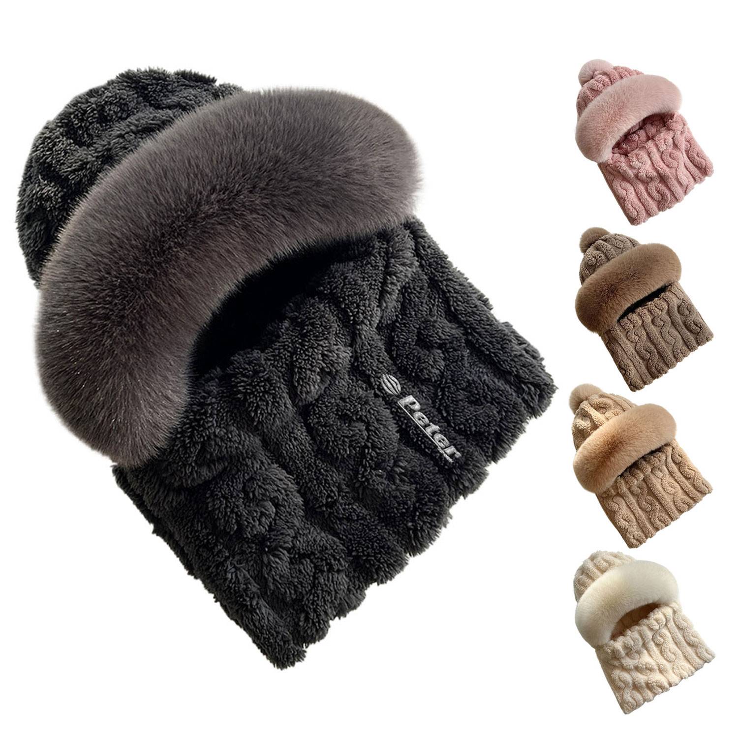 Windproof Plush Hat w/ Winter Neck Scarf Warmer 8