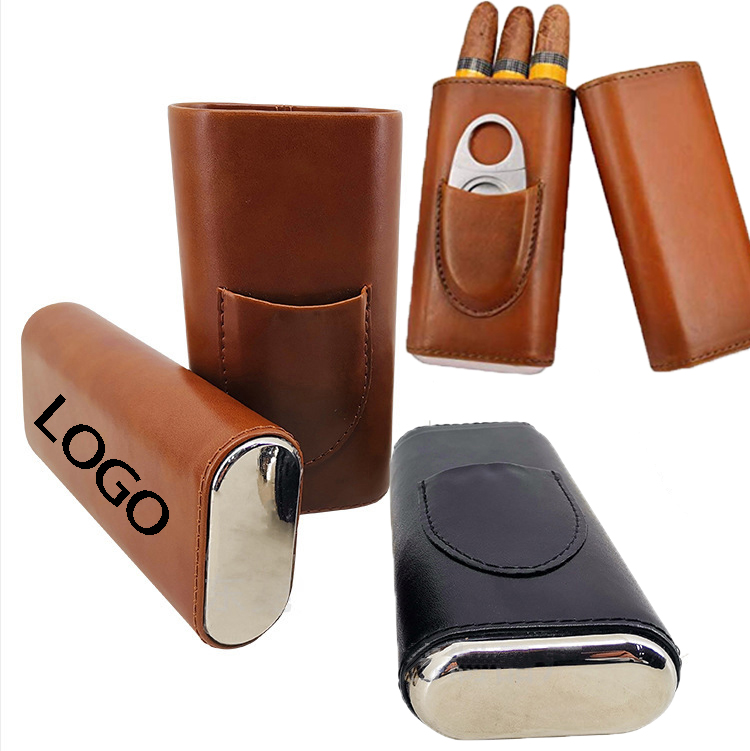 Classic Leather 3 Fingers Cigar Case w/ Cedar Wood Lining and Stainless Steel Cutter Contained 1