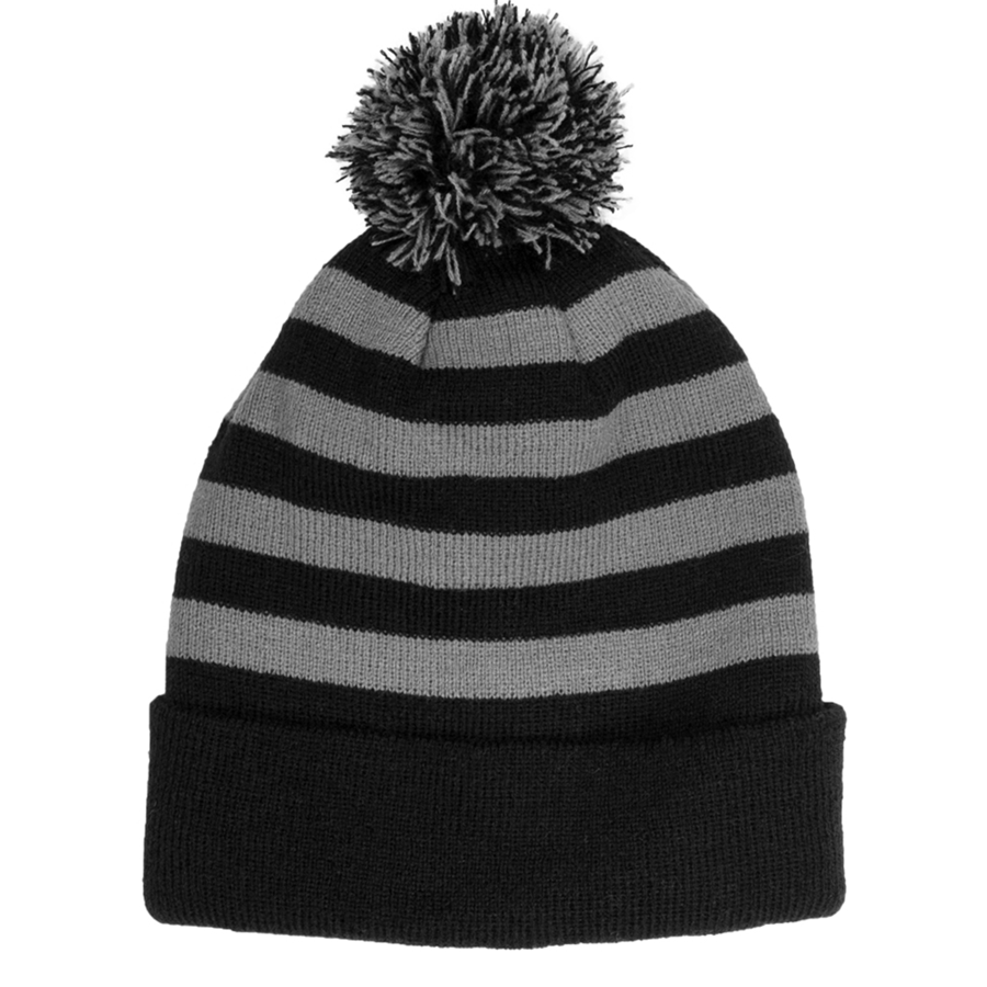 Striped Ribbed Knit Beanie with Pompom 2