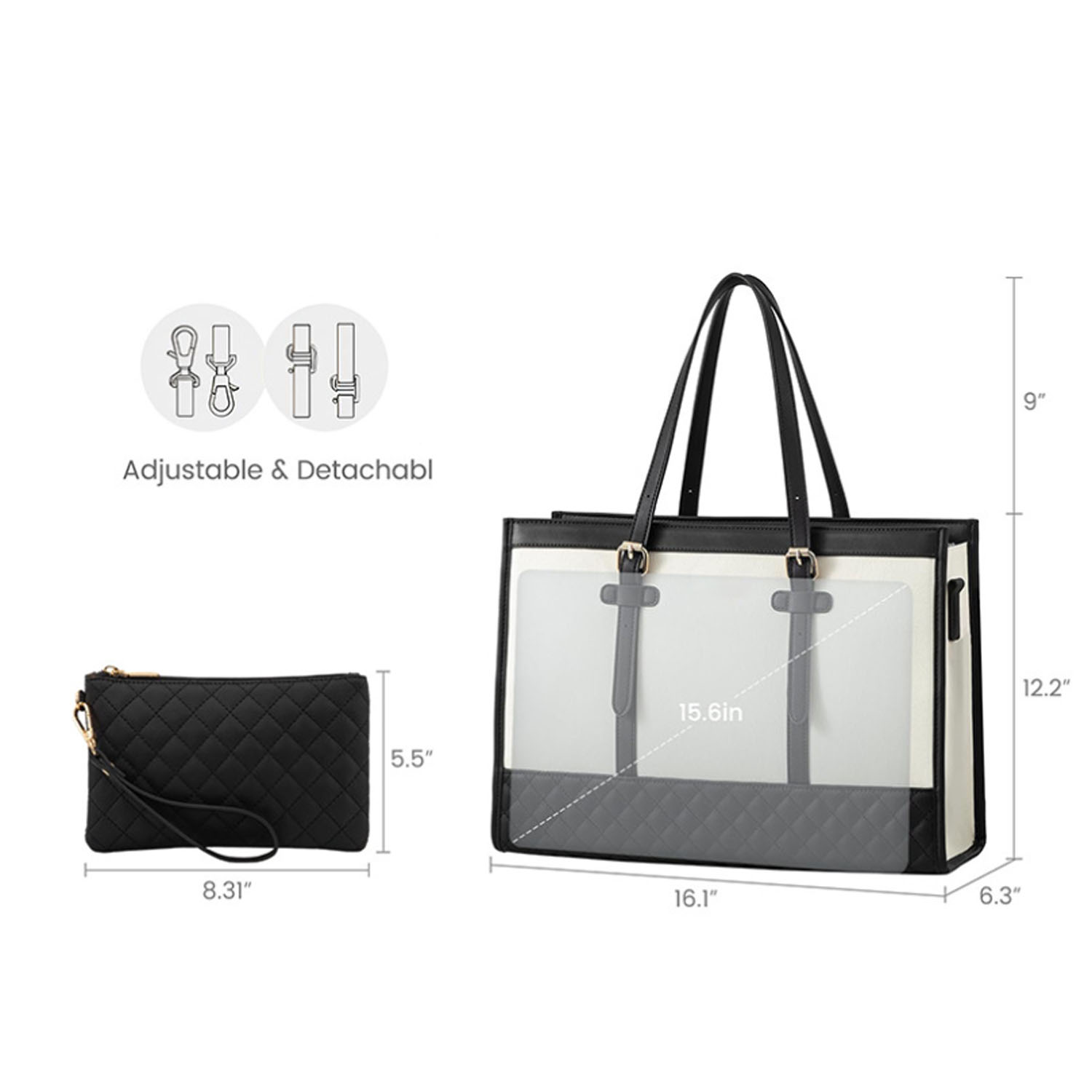 Waterproof PU Leather Laptop Tote Bag w/ Wallet 6