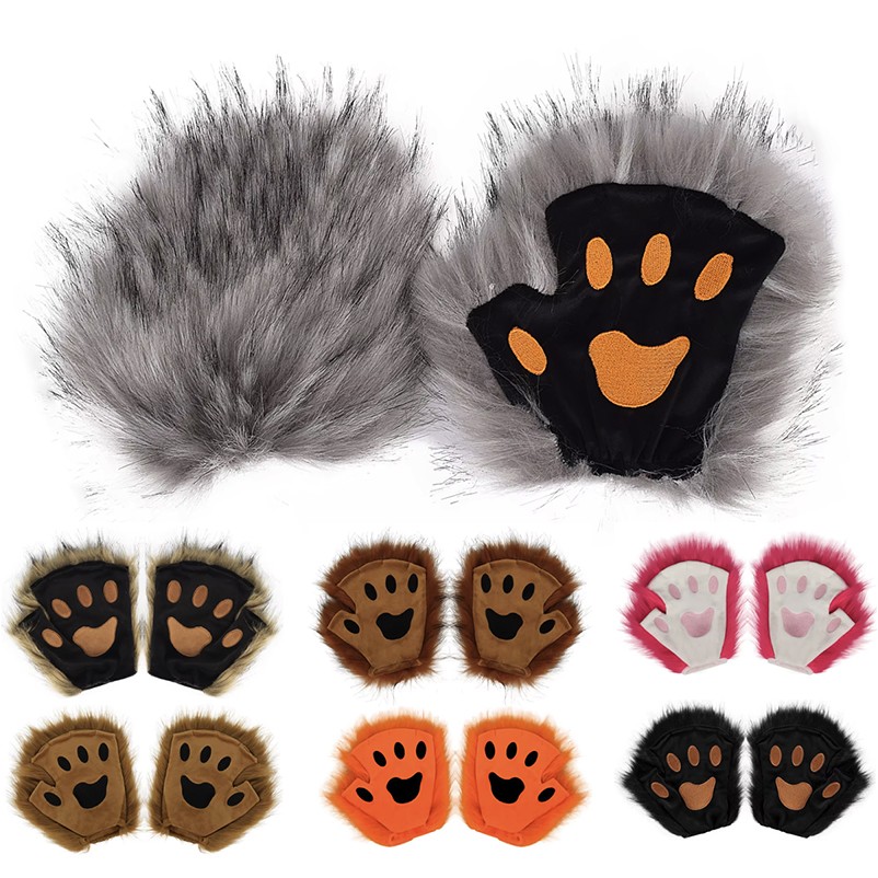 Wolf Paw Gloves Faux Fur Cat Fingerless Mittens Winter Warm 1
