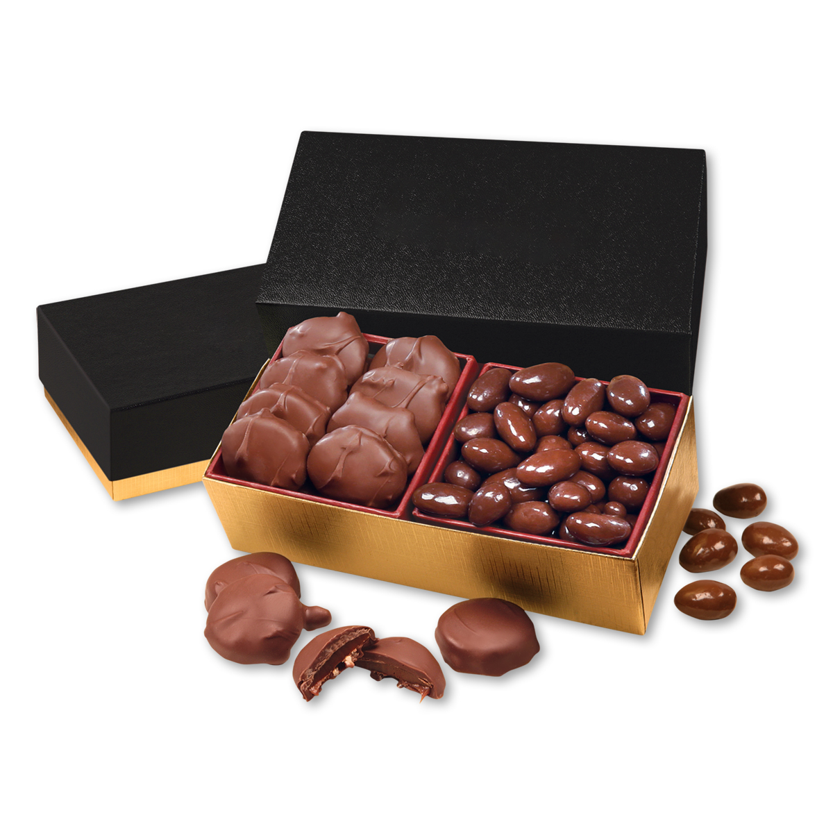 Caramel Pecan Clusters & Chocolate Almonds in Black & Gold Gift Box 3