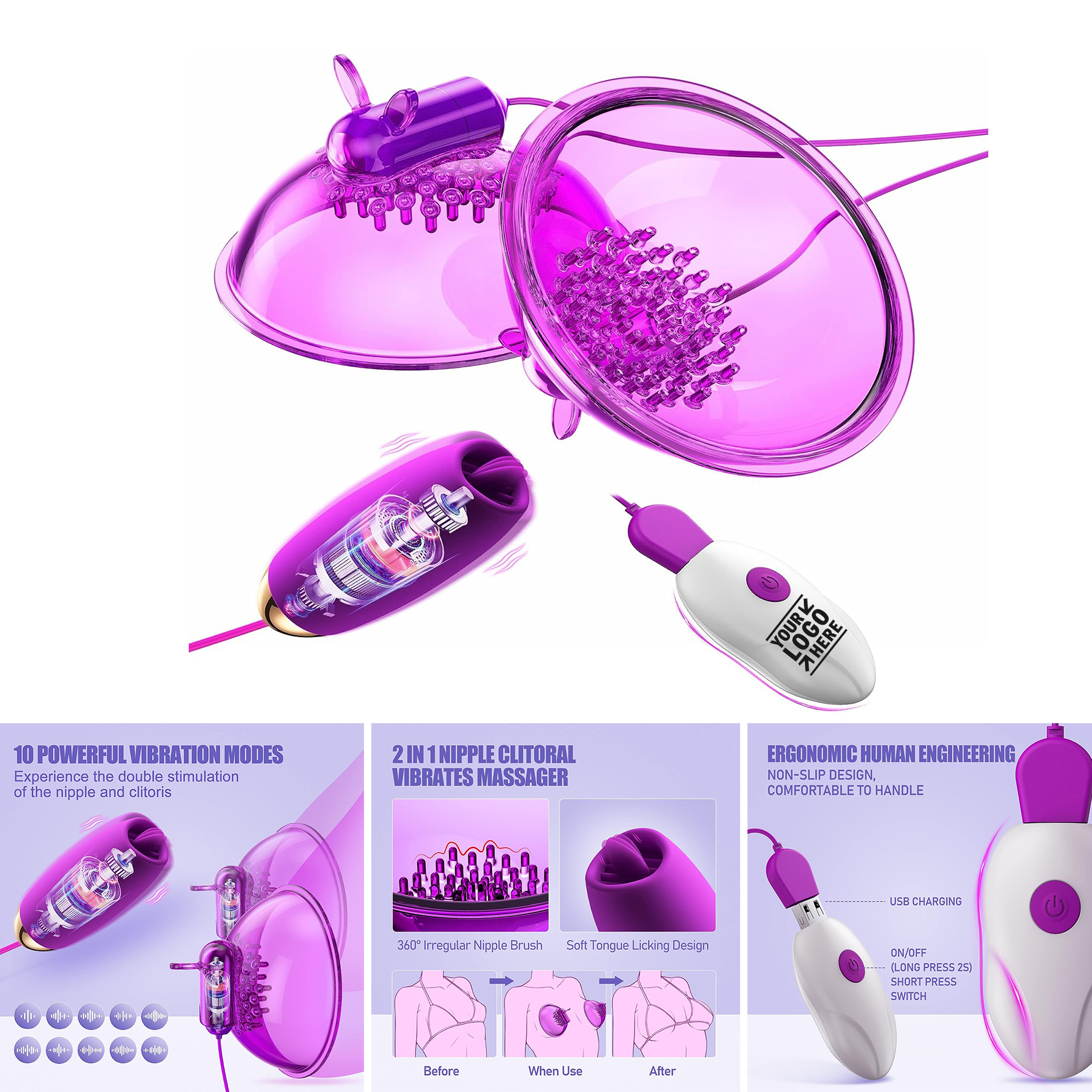 2 in 1 Sex 10 Vibration Modes Nipple Sucker Clitorals Stimulator Rechargeable Adult Toys 2