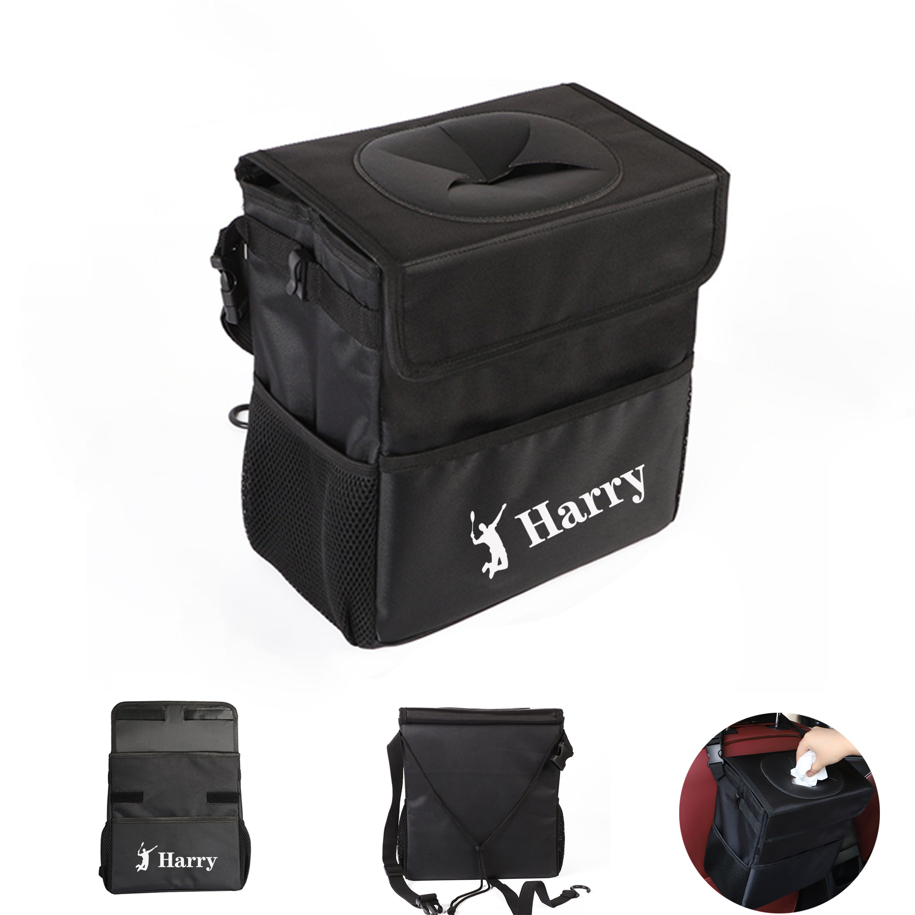 Car Trash Can with Lid and Storage Pockets 1