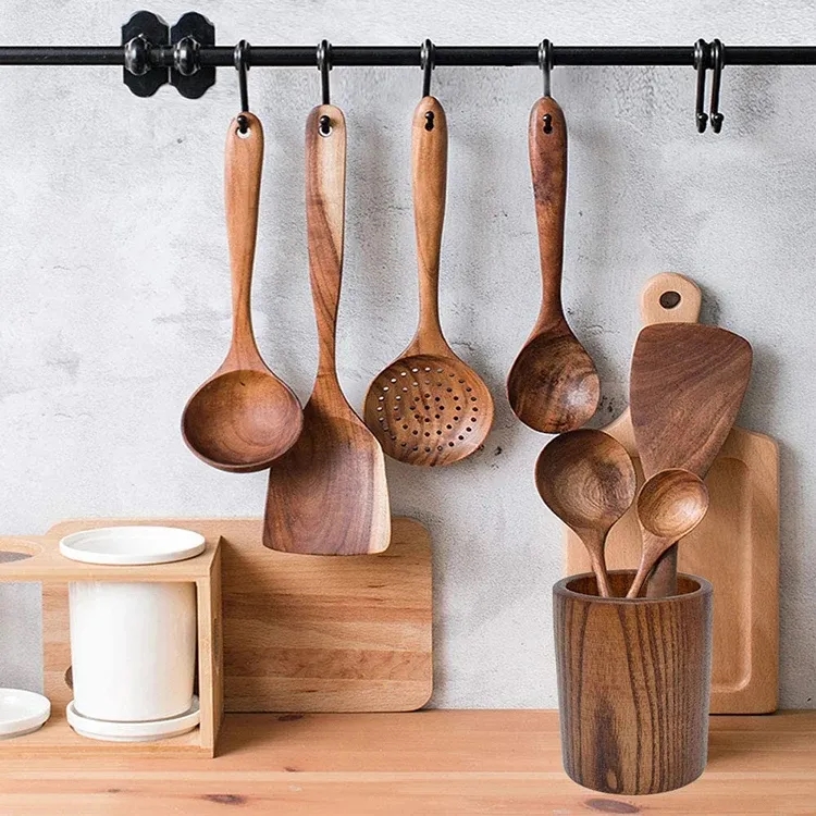 8 Pcs Eco-Friendly Natural Teak Wooden Spoon Spatula Set 1