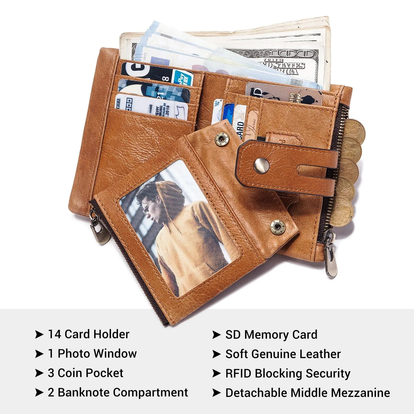 Genuine Leather Detachable Mezzanine RFID Chain Wallet 10