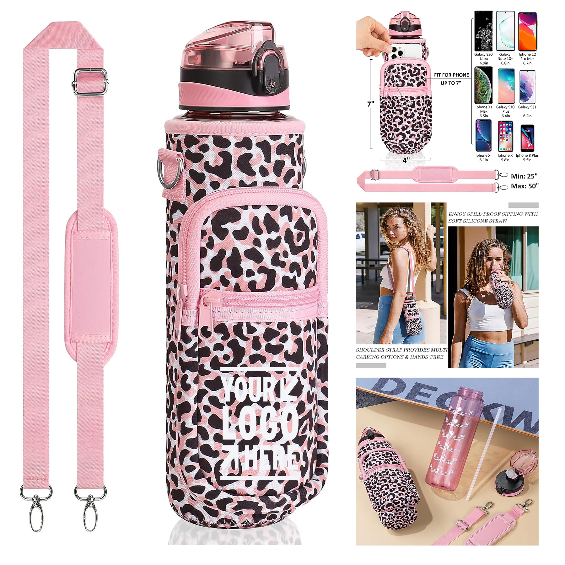 32 OZ BPA Free Plastic Motivational Water Bottle With Sleeve Insulated Neoprene Holder Carrier Bag 2