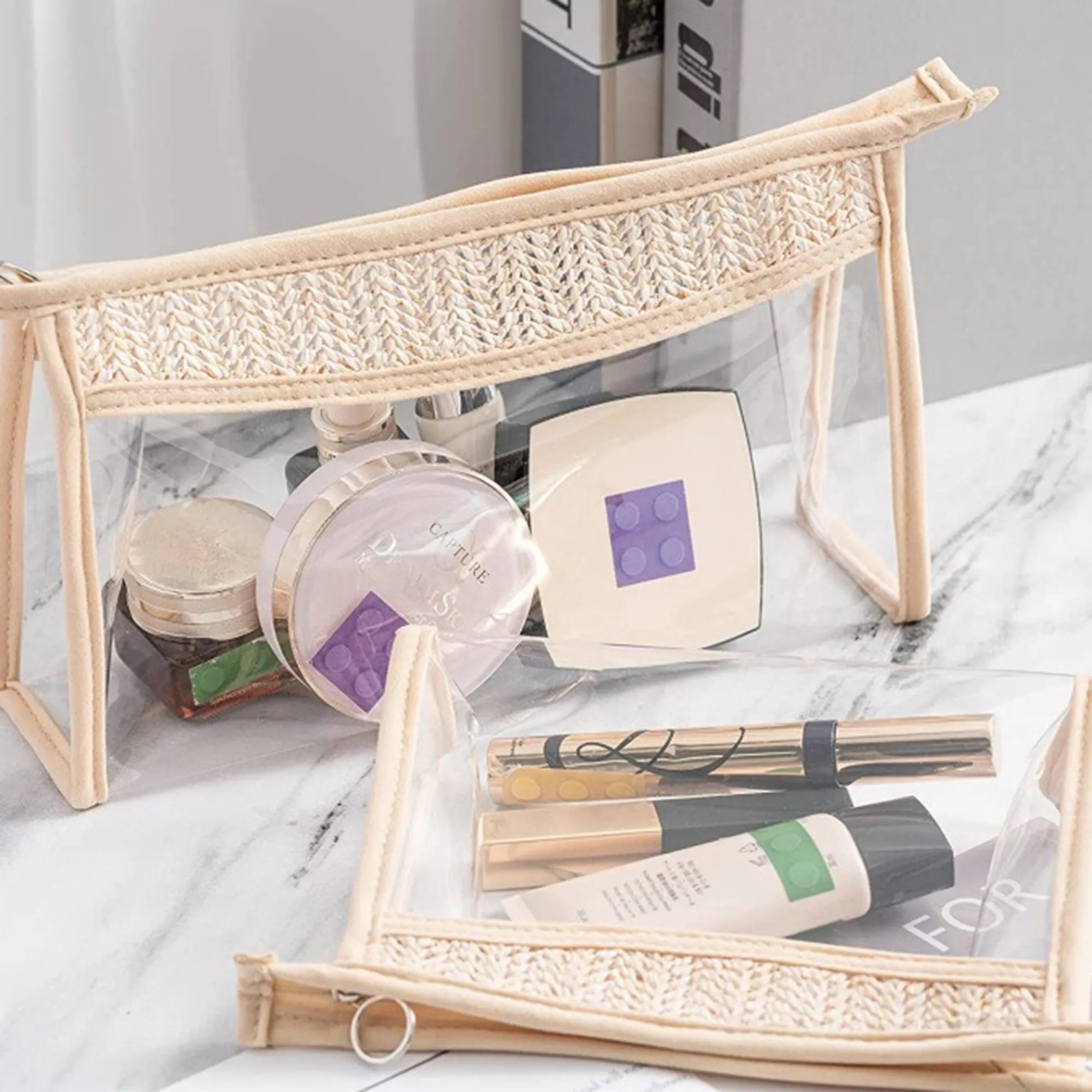 Clear PVC & Straw Cosmetic Bag - Leakproof Organizer 2