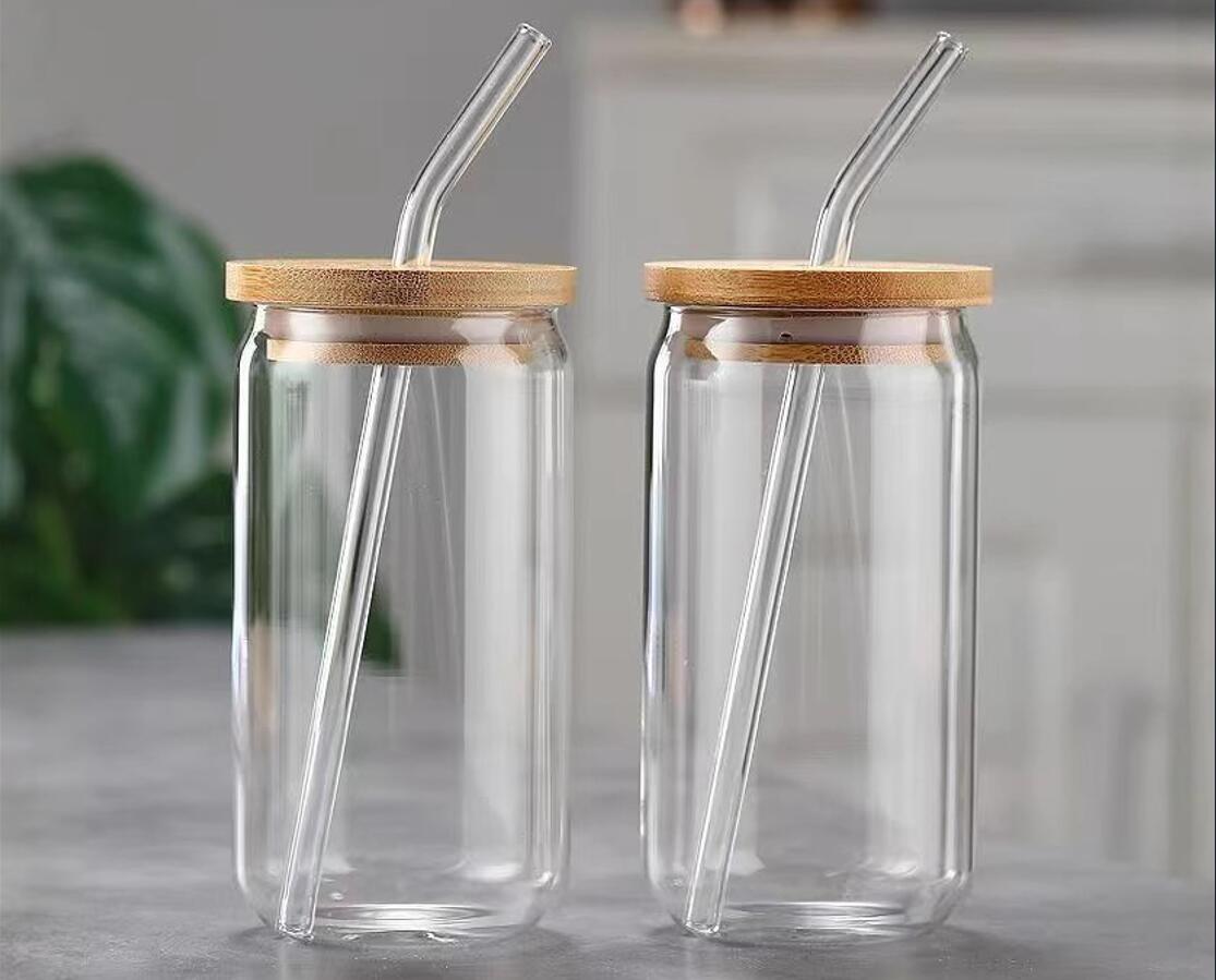 16 Oz Can Shaped Glass Cup with Bamboo Lids and Glass Straw 3