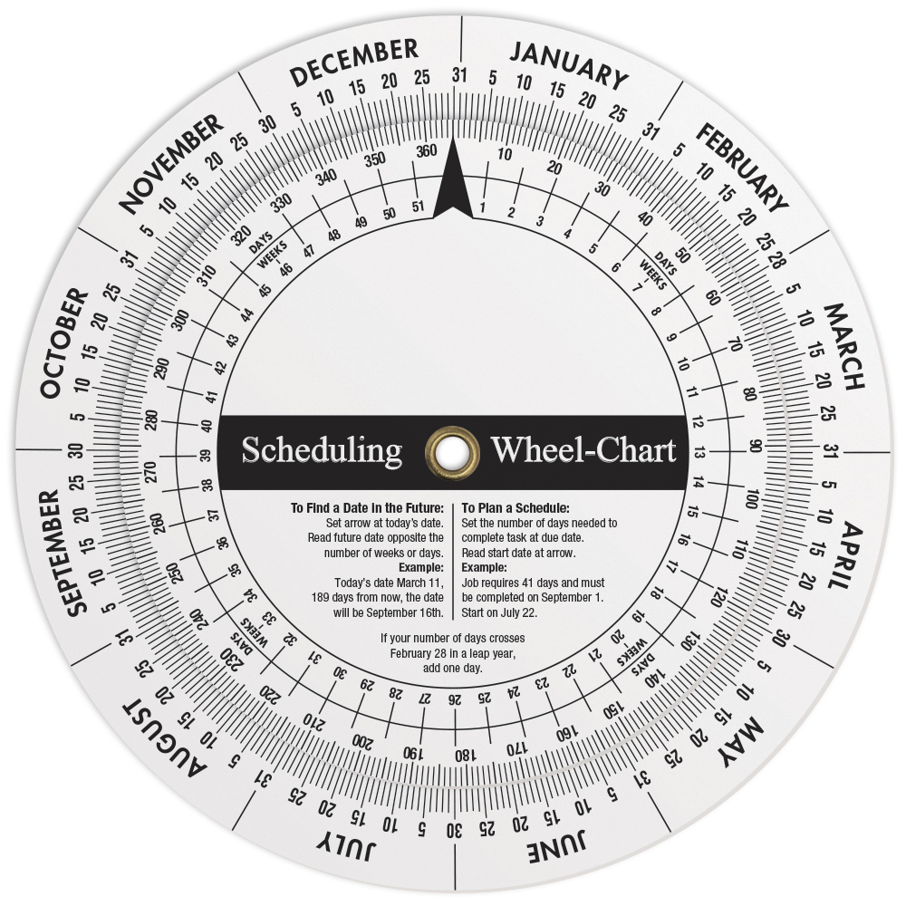 .020 White Plastic Wheel Calculator Perpetual Calendar & Scheduling (4.25" dia.) Spot Colour Imprint