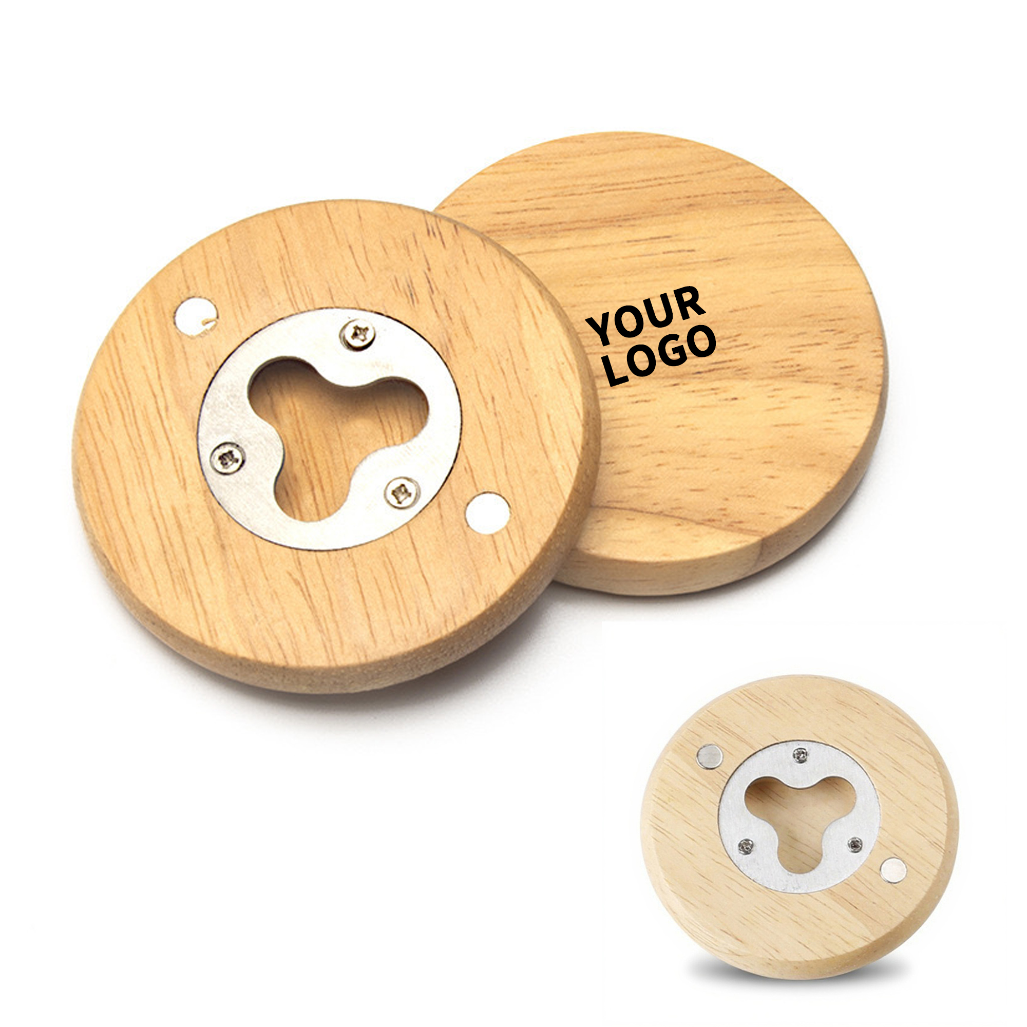 Round Bamboo Bottle Opener With Magnetic Base 2.76" Diameter 4