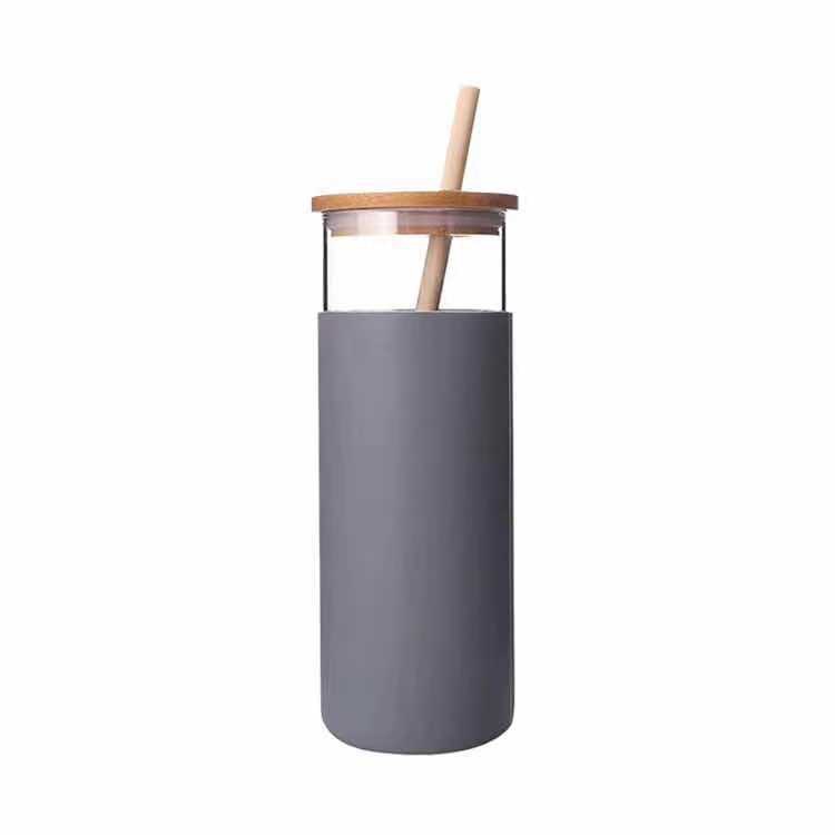 17oz Office glass bamboo lid straw cup 3