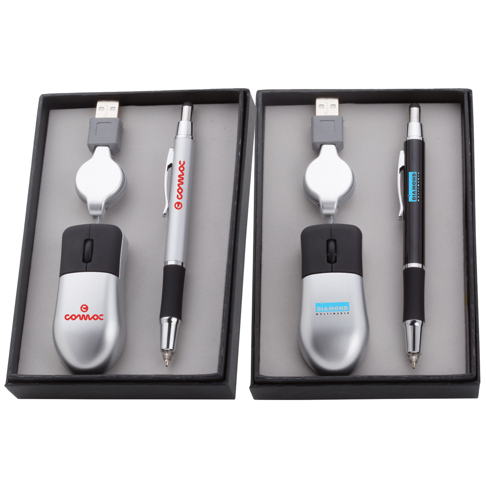 Sabre LED Stylus Ballpoint Pen & USB Optical Travel Mouse Gift Set