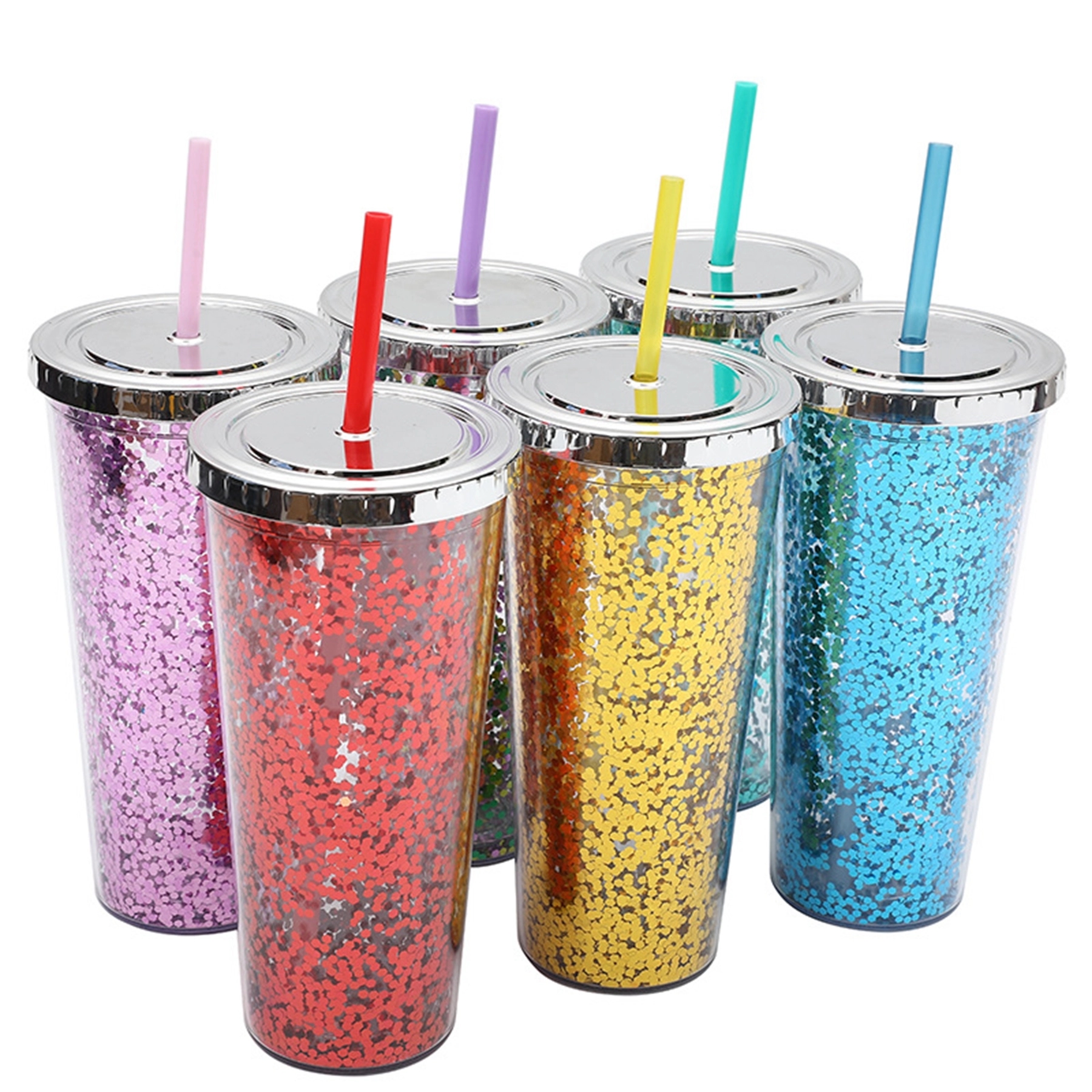 24 Oz. Double Wall Insulated Plastic Glitter Straw Mug 25
