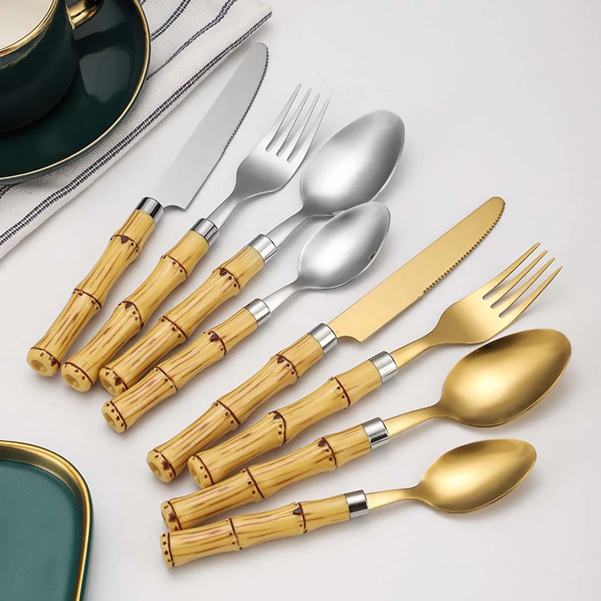 4 Piece Bamboo Stainless Steel Cutlery Gold Flatware Sets 11