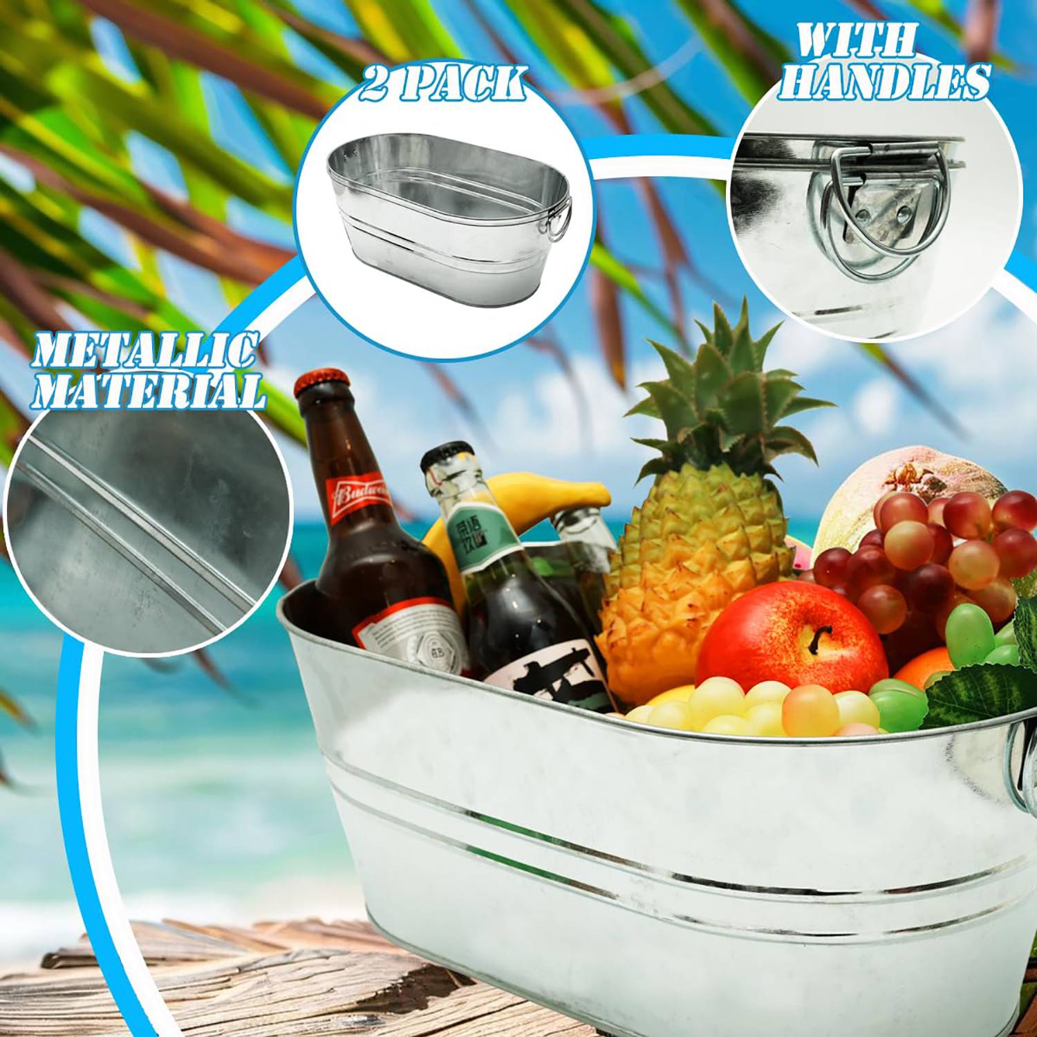 Oval Metal Galvanized Ice Bucket W/ Side Handles 2