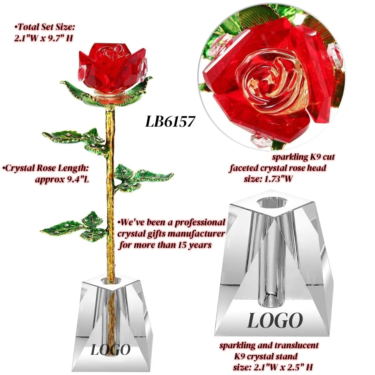 Cut Crystal Rose Flower SET with Stand Romantic Gift for Her 4