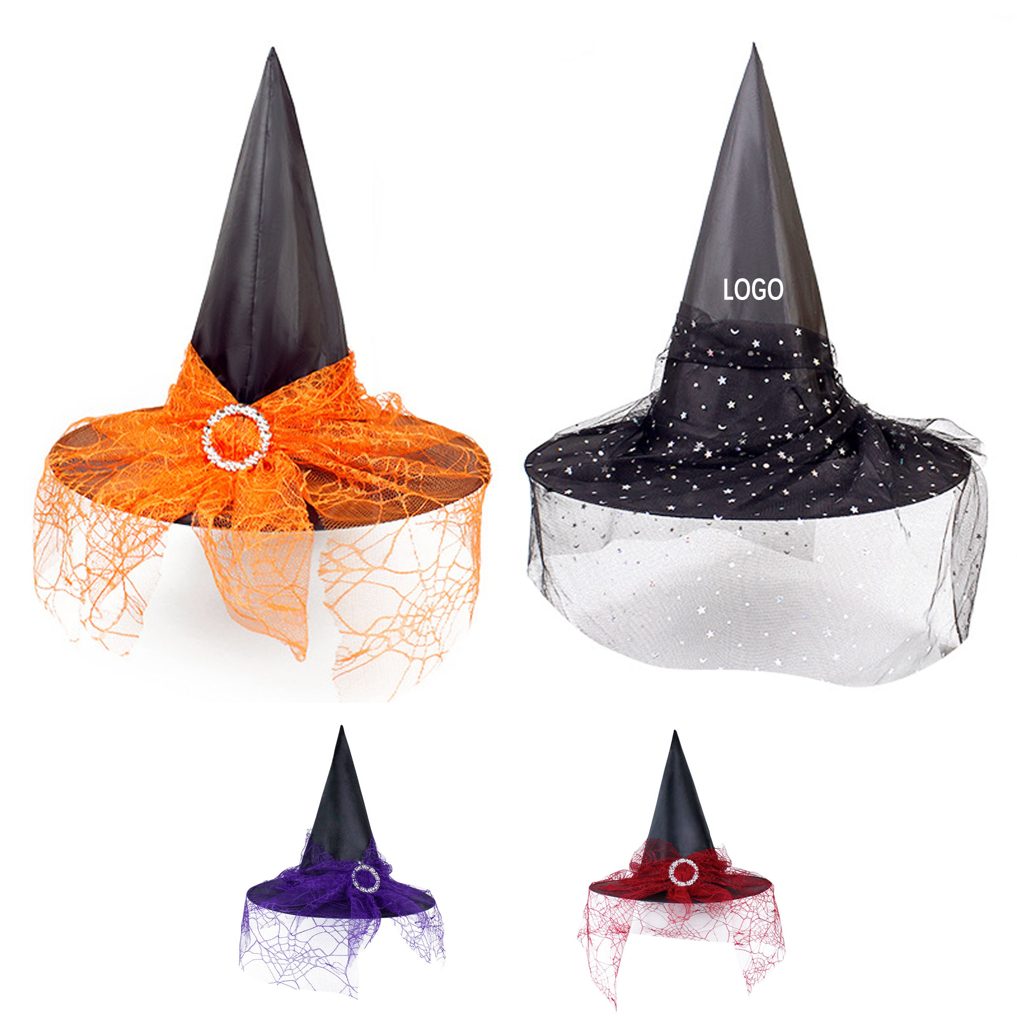 Peaked Halloween Witch Cap With Buckle Mesh Decoration 3