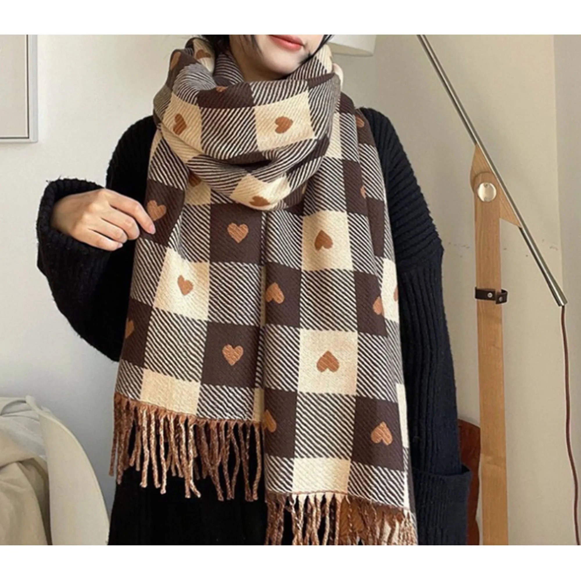 Double-Sided Faux Cashmere Heart Plaid Scarf 2