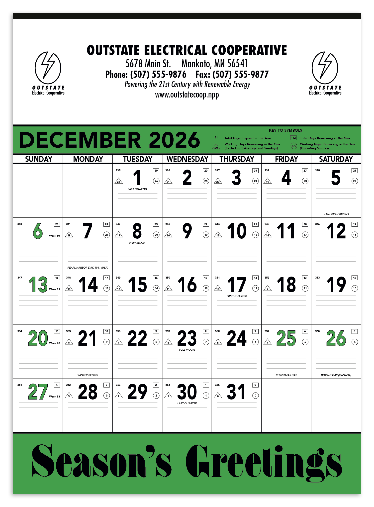 Triumph® Calendars Green & Black Contractor Memo Calendar 12