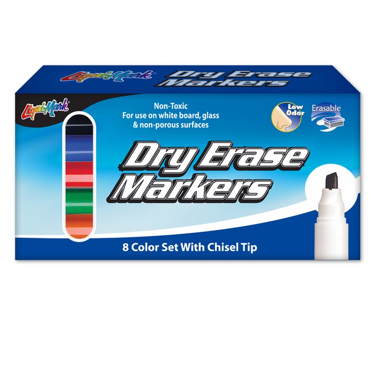 8 Pack Dry Erase, Low Odor, Chisel Tip Markers - Assorted - Made in the USA