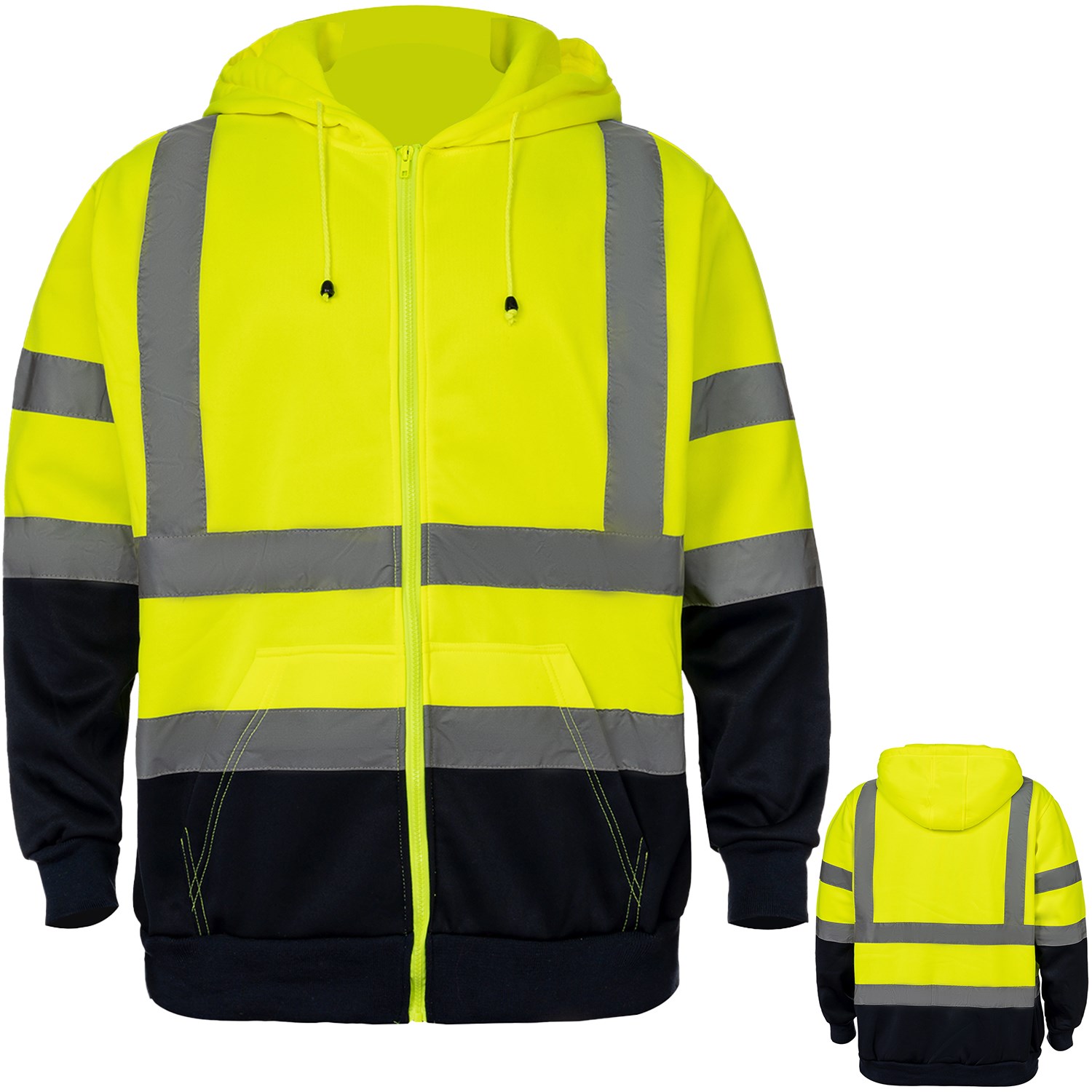 Class 3 Color Block 2" Reflective Tape Safety Zipper Hoodie with Kangaroo Pocket 5