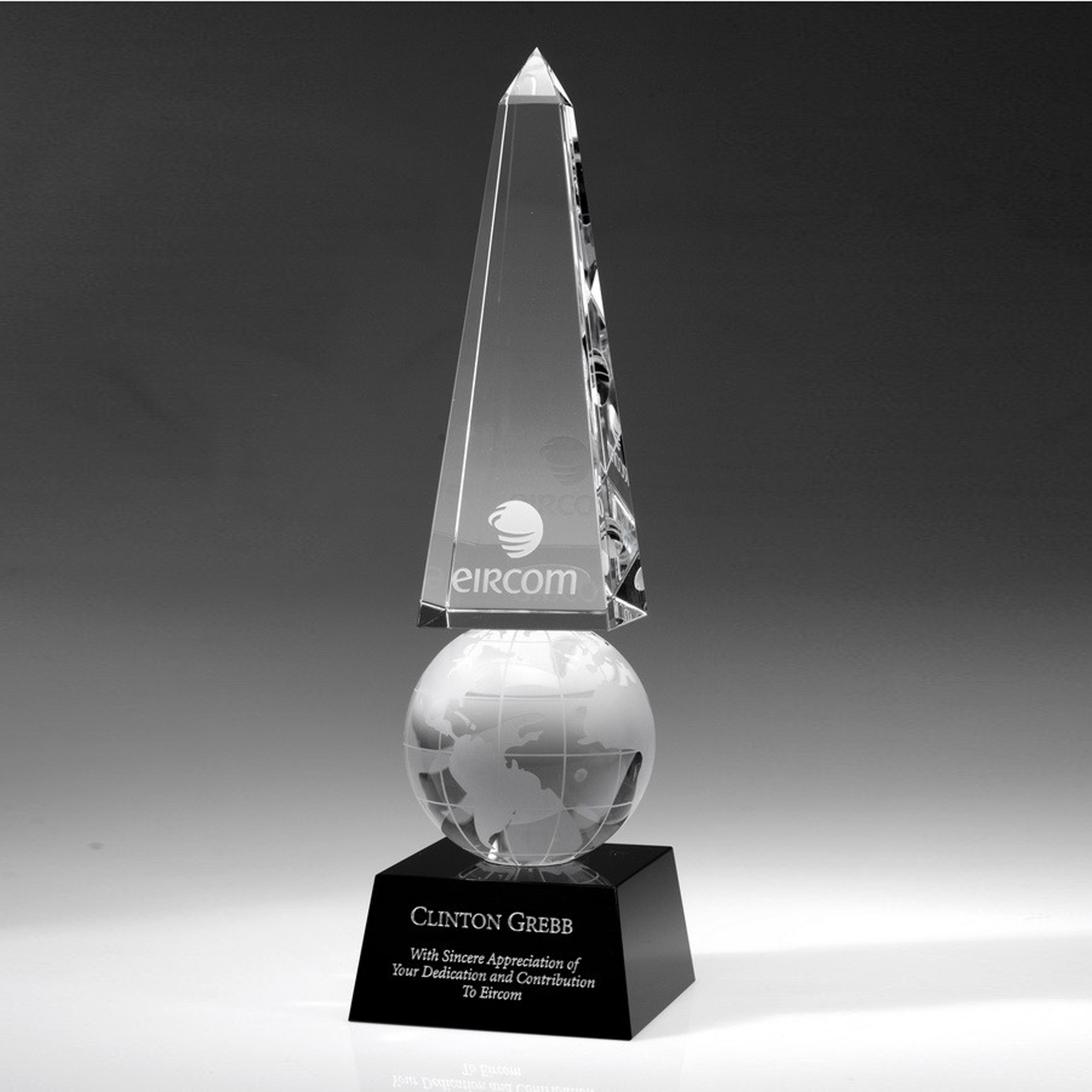 9" Crystal Award-Monumental Globe Obelisk 1