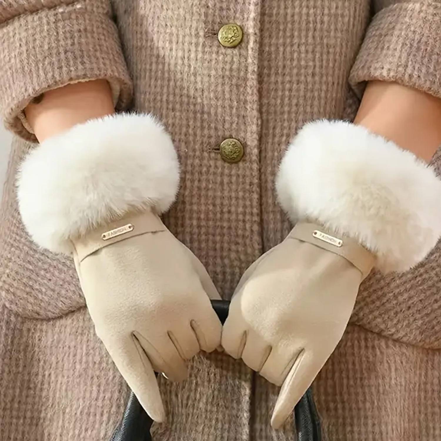 Women Winter Gloves w/ Touch Screen Fingers Faux Fur Cuff 3
