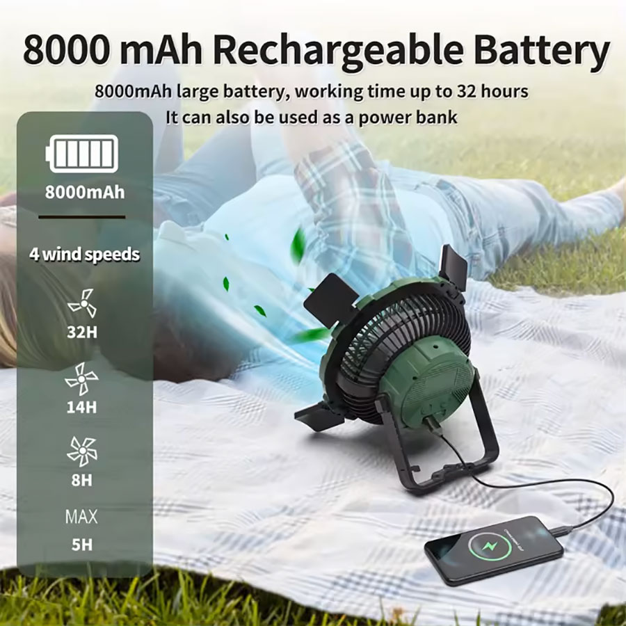 ResQ Multi-Use Portable Outdoor Fan with Light and Hook, 8000mAh Power Bank, Type-C Charging port 6