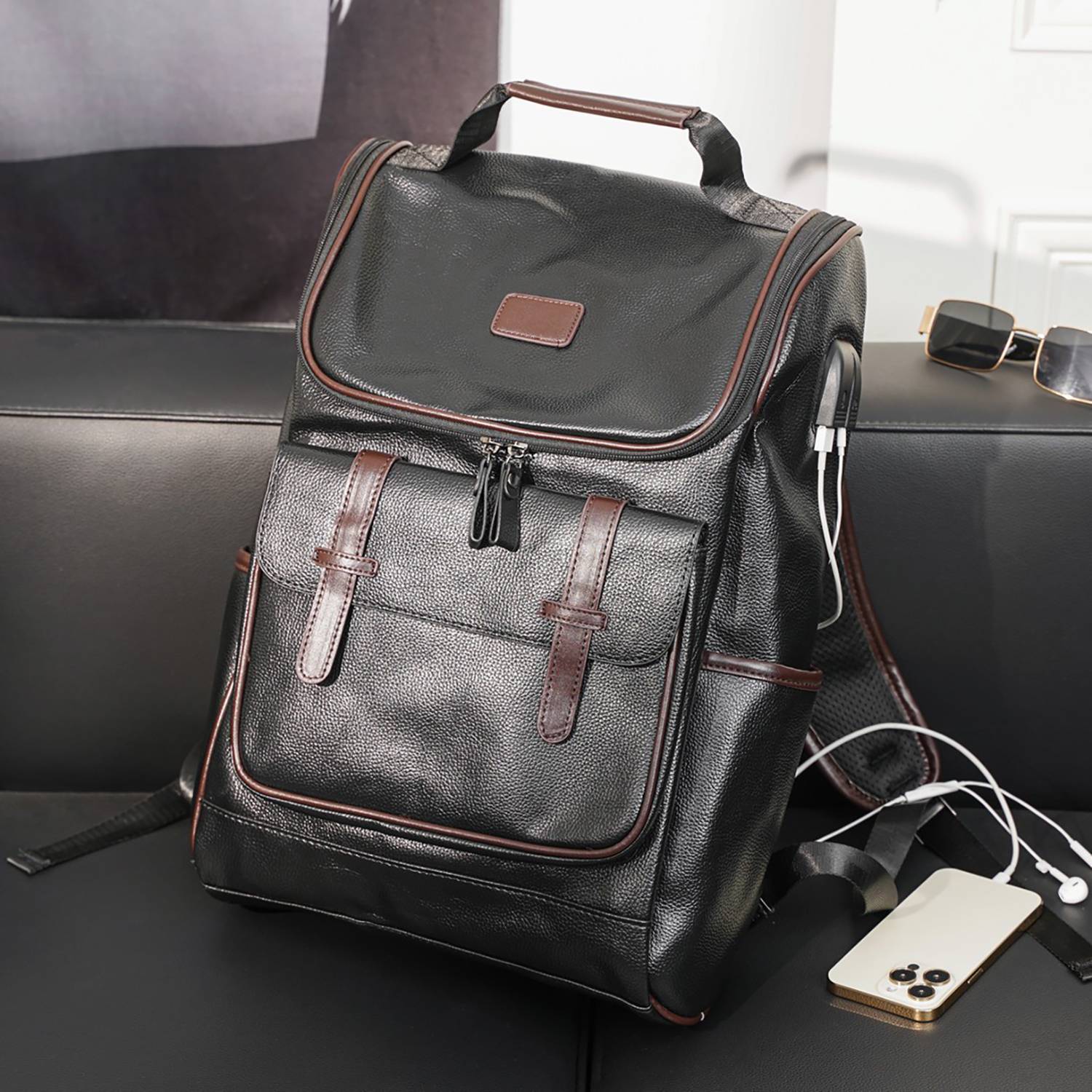 Large-Capacity PU Leather Student Backpack w/ USB Port 7