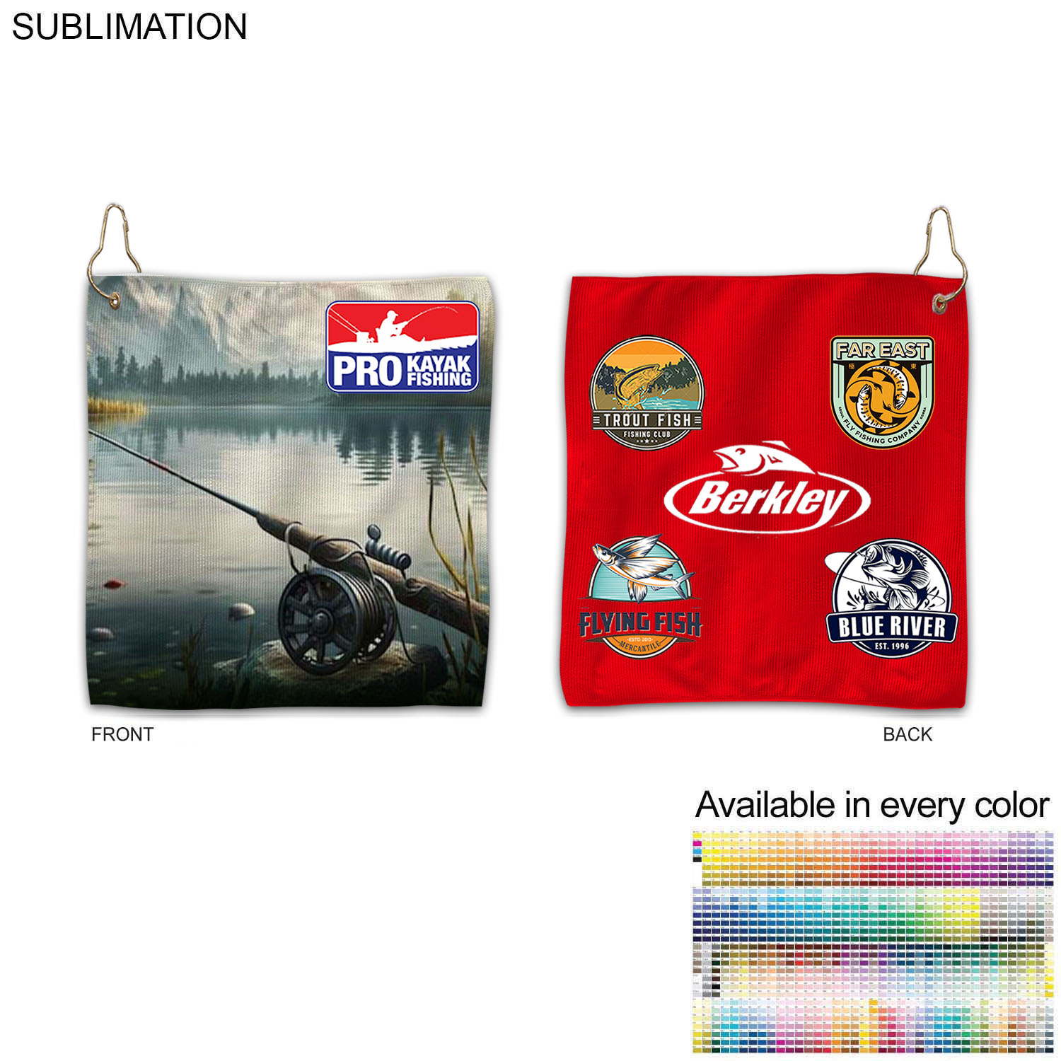 Colored Microfiber Dri-Lite Terry Fishing Towel, 10x10, Nofold Grommet & Hook, Sublimated 2 sides 3