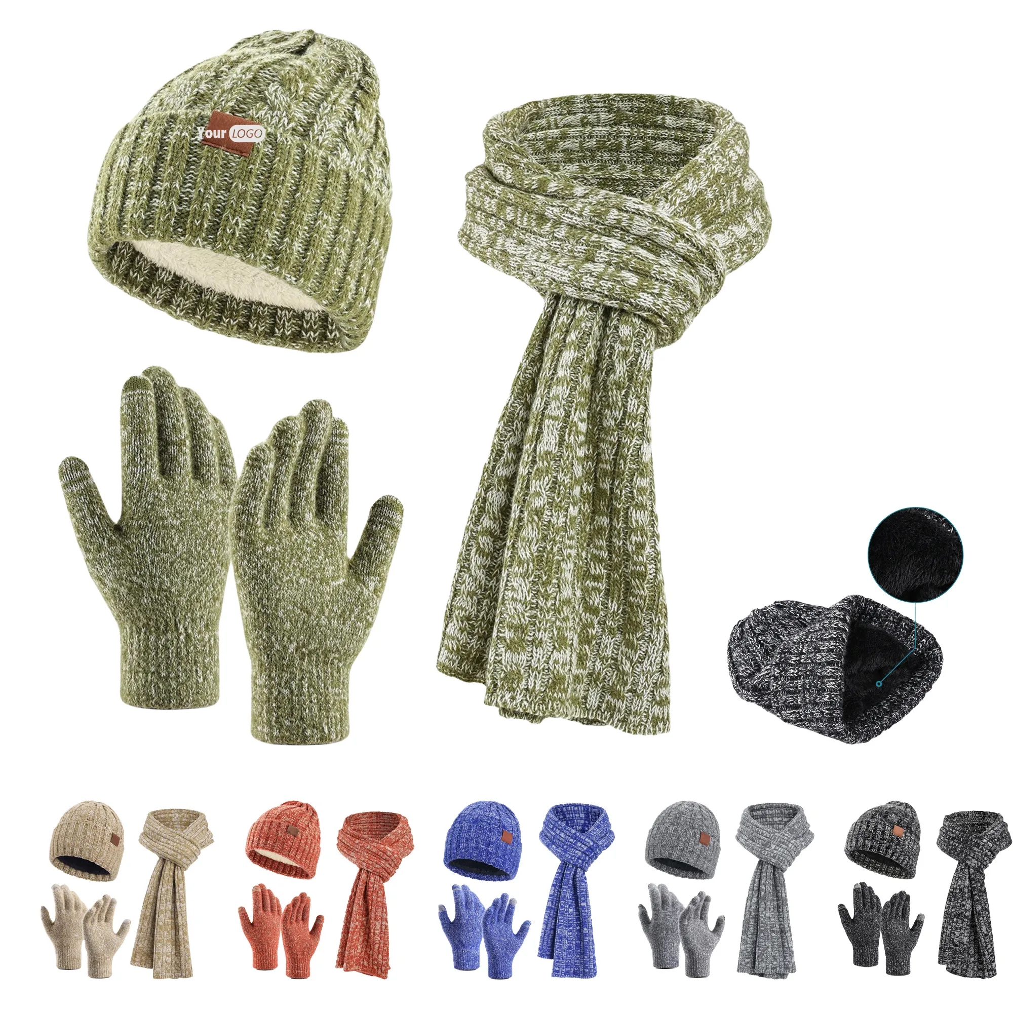 Winter Knit Warm Hat Long Scarf Touch Screen Gloves Set 5