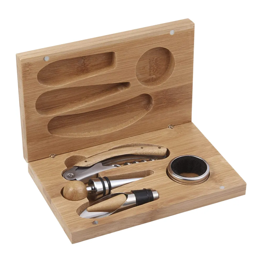 4-Piece Corkscrew Tool Set with Natural Wood Case 4