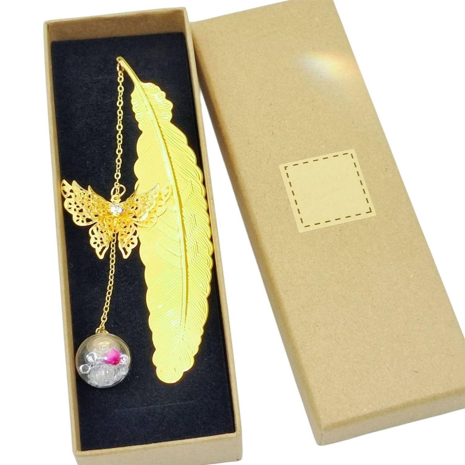 Metal Feather Bookmark w/ Butterfly and Glass Bead 5