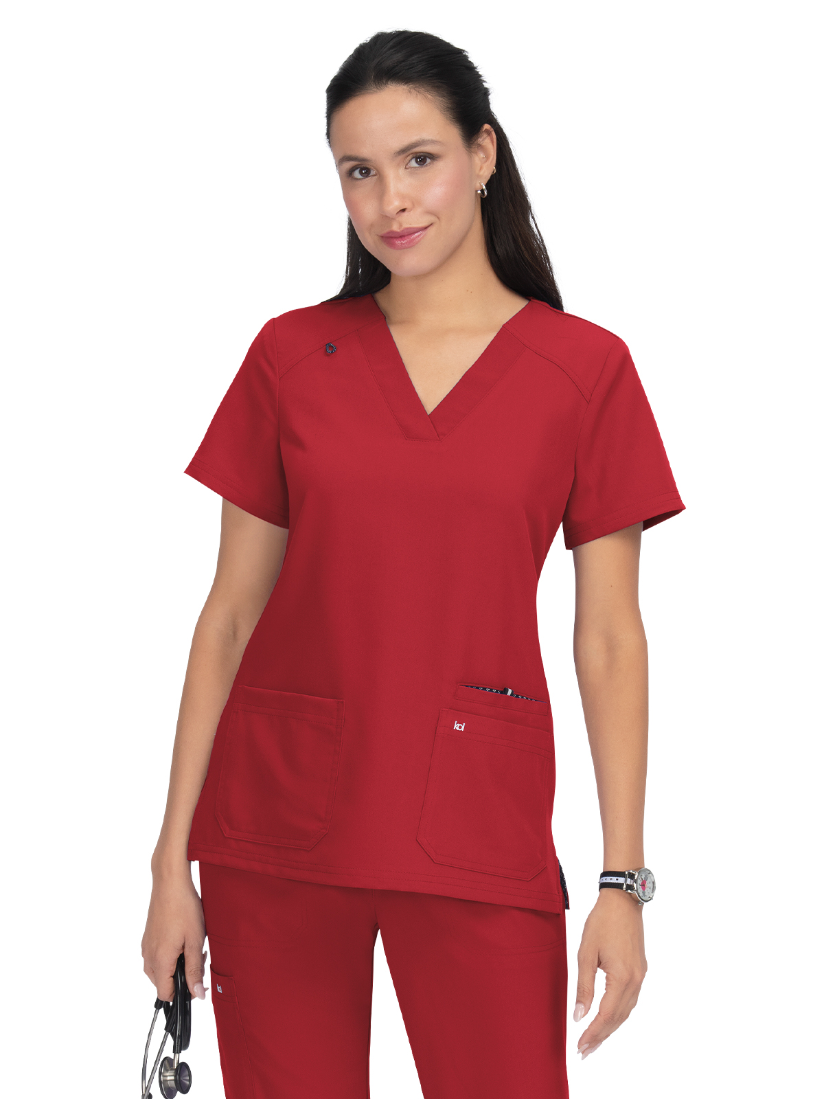 koi - Next Gen - Women's Three-Pocket Wide V-Neck Stretch Hustle and Heart Top 53