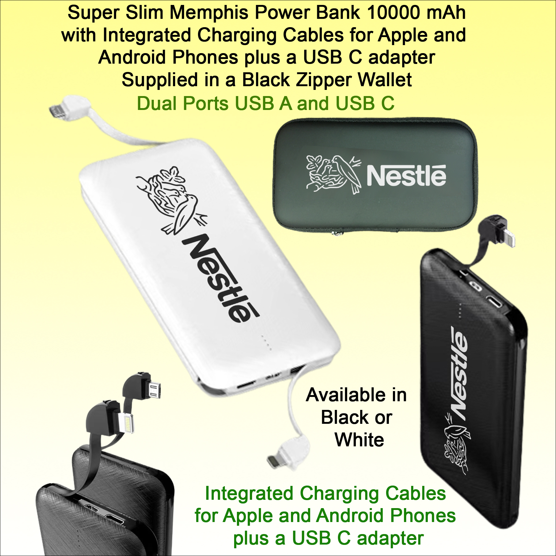 Super Slim Memphis Power Bank- 10000 mAh - with integrated Charging Cables, supplied in a Black Zipp