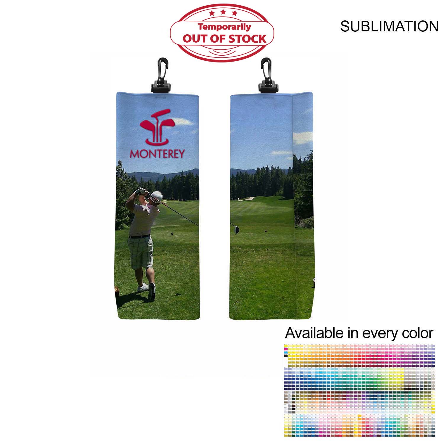 Microfiber Suede Shammy Golf Towel, Finished size 6x15, Trifold with Black Swivel Hook, Sublimated 2