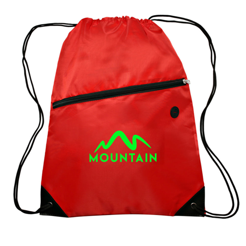 Polyester 210D Drawstring Bag w/ Zippered Pocket - 13.5"W x 10