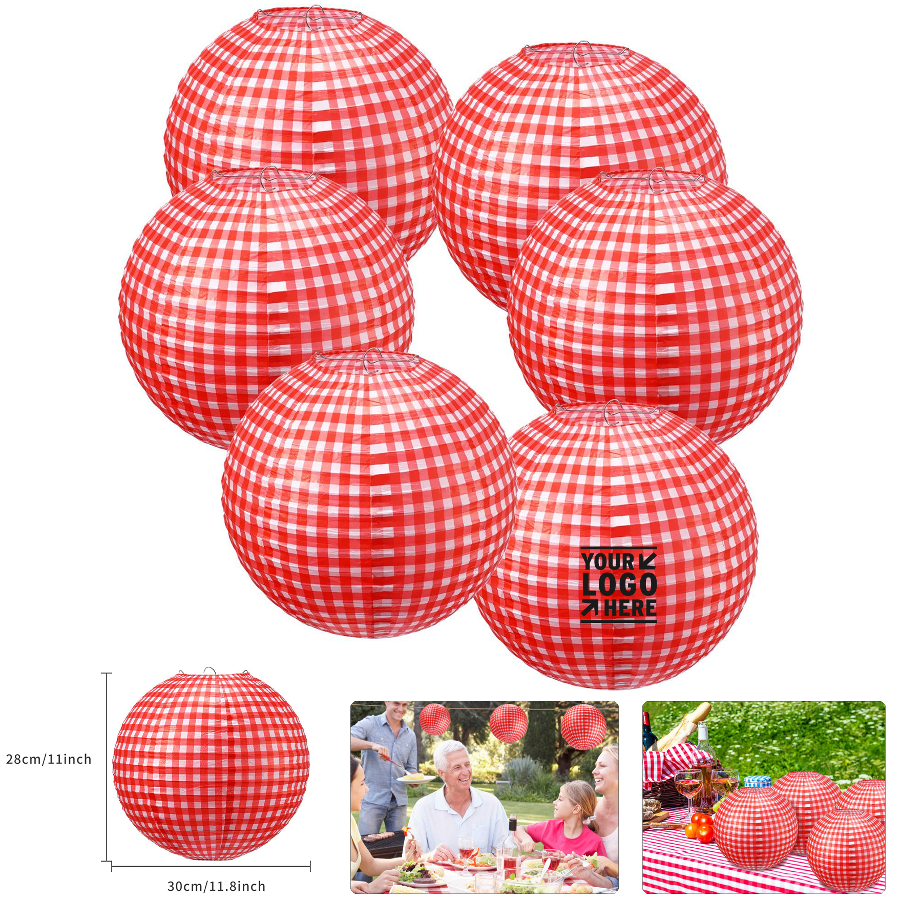 11.8"x11" Picnic Party Decorations Red Paper Checkered Round Hanging Lantern 2