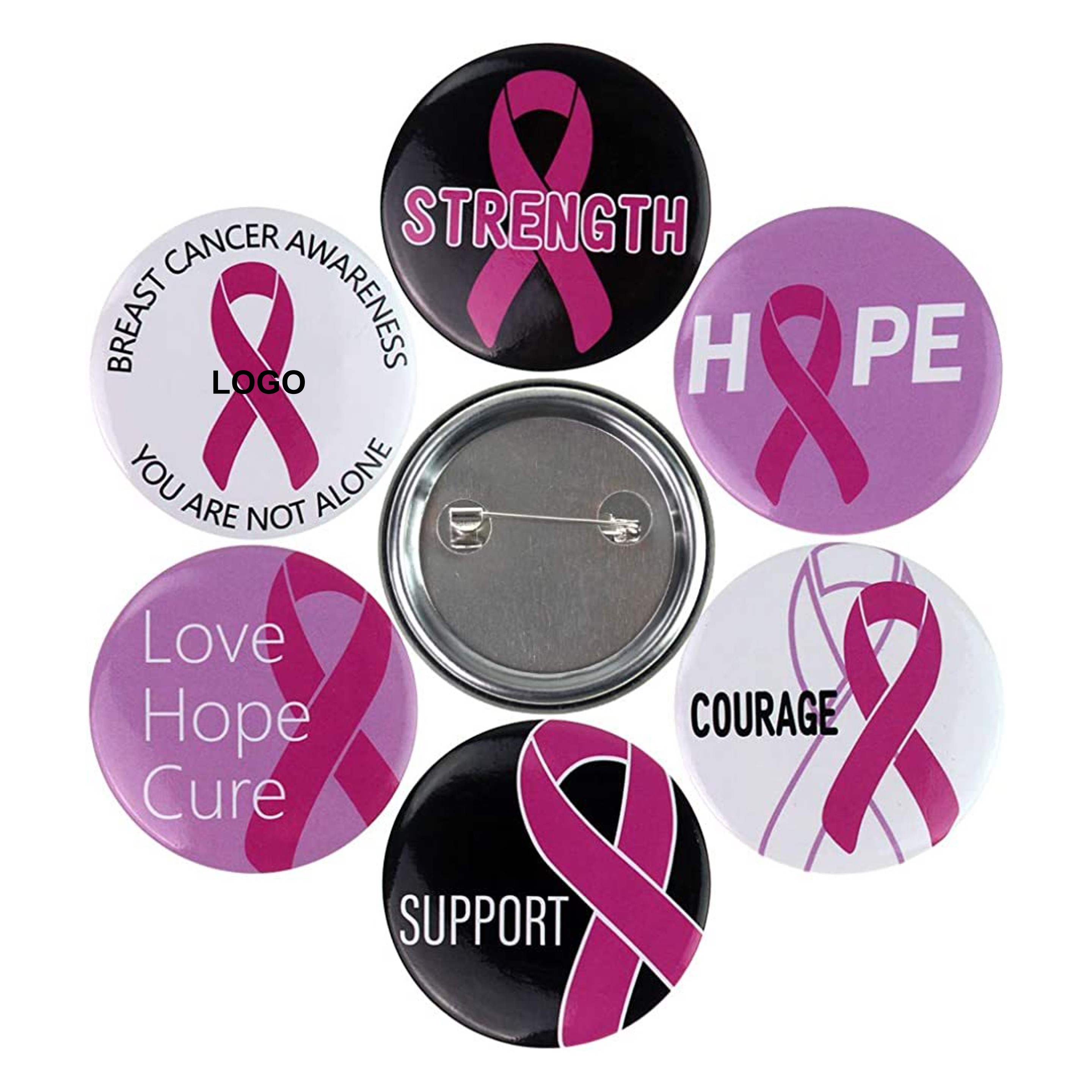Pink Ribbon Round Button Pin (direct import) 2