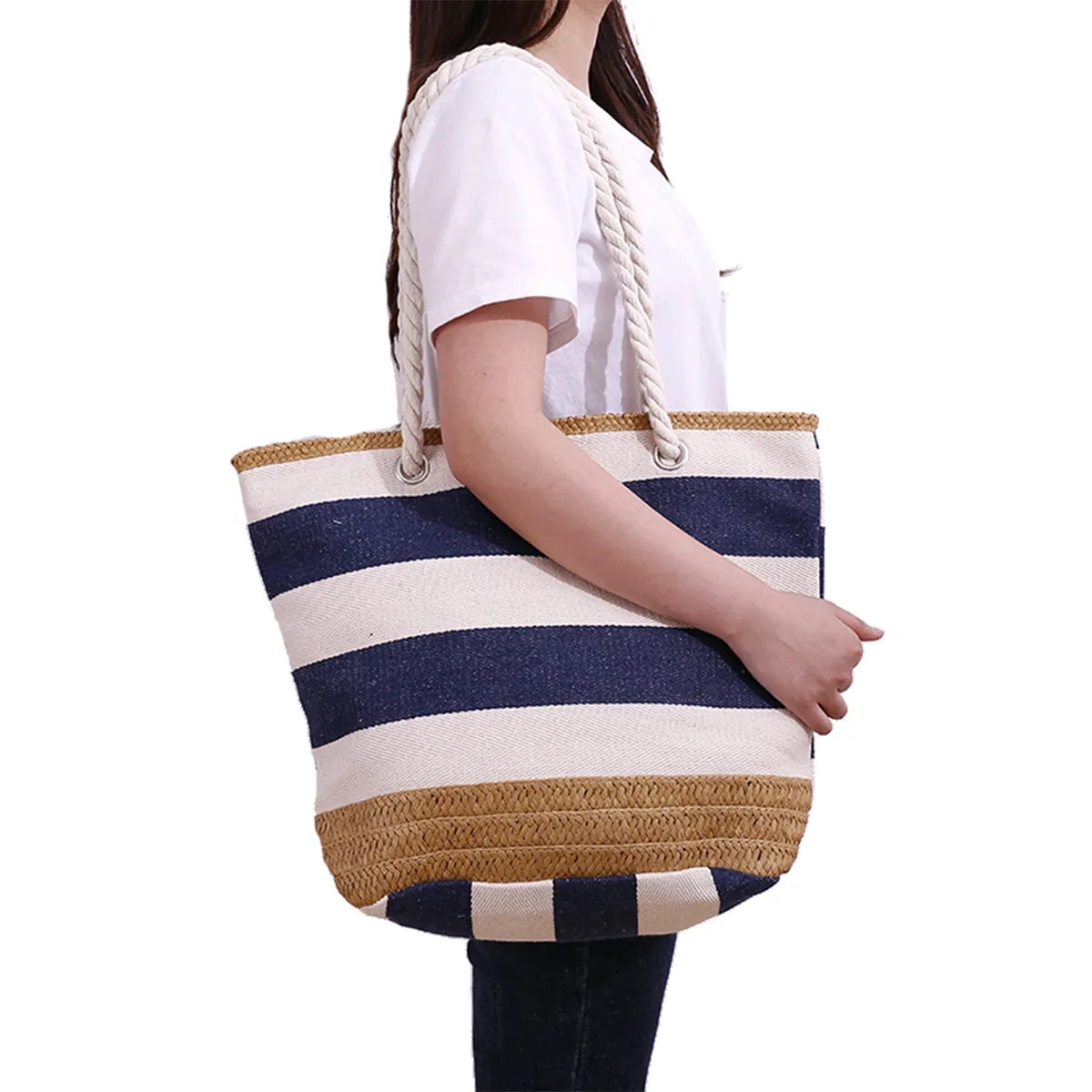 Striped Canvas Jute Beach Tote Bag With Rope Handles 4