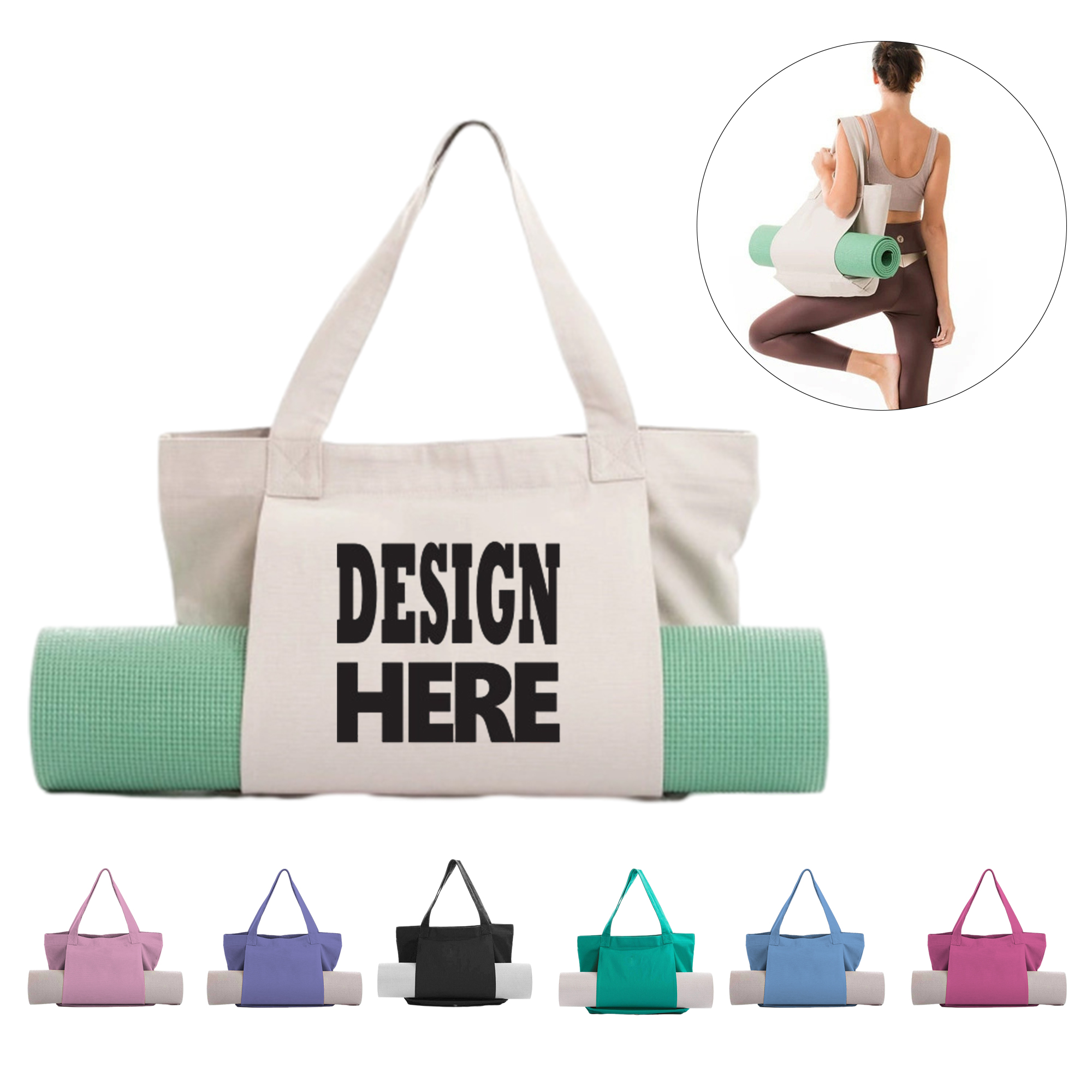 Canvas Tote Bag With Yoga Mat Carrier Pocket, custom tote bag with logo imprint 2