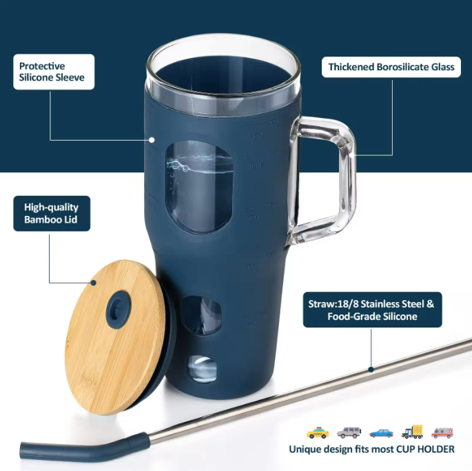 32 oz Glass Tumbler with Lid and Straw 2