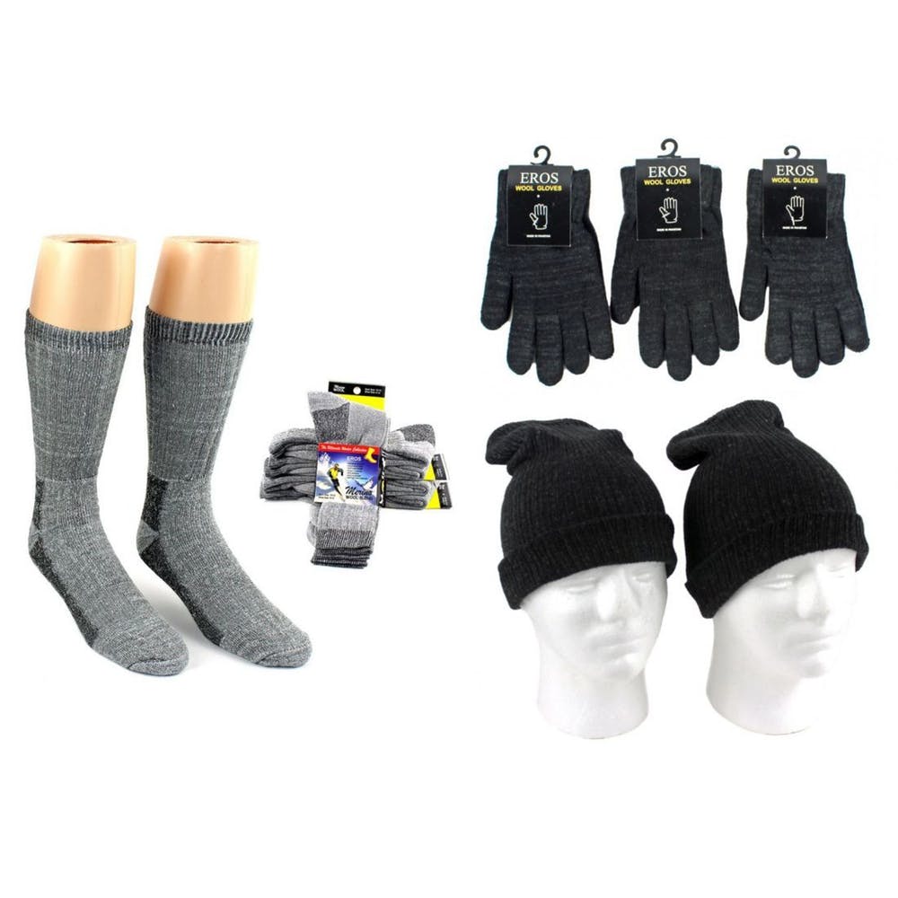 Adult Hats Gloves & Socks - Merino Wool Light Gray & Black 2