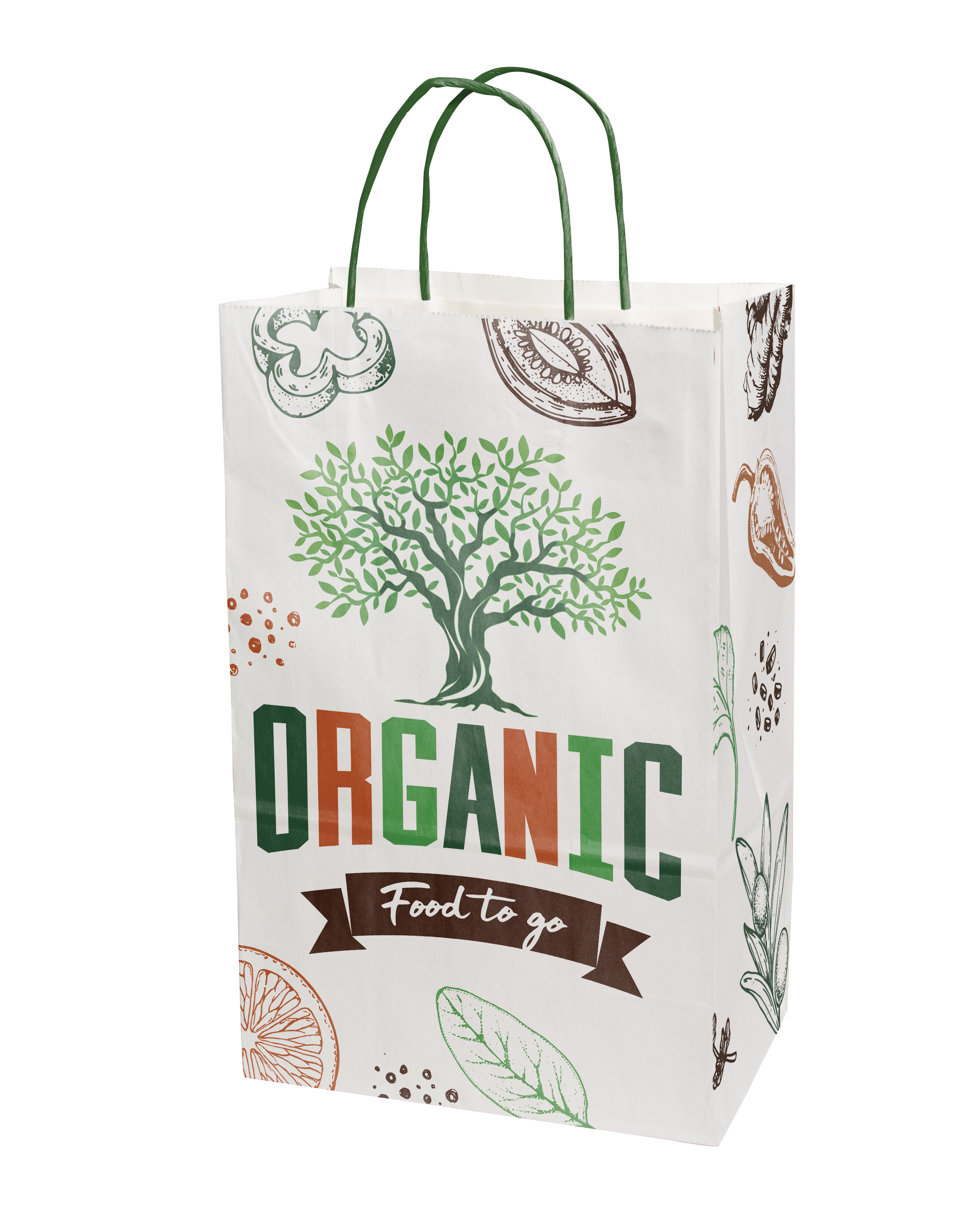 Multi-sided Full Color White Shopper Paper Bag - Green Handle (8.5" x 13.375" x 5") 2