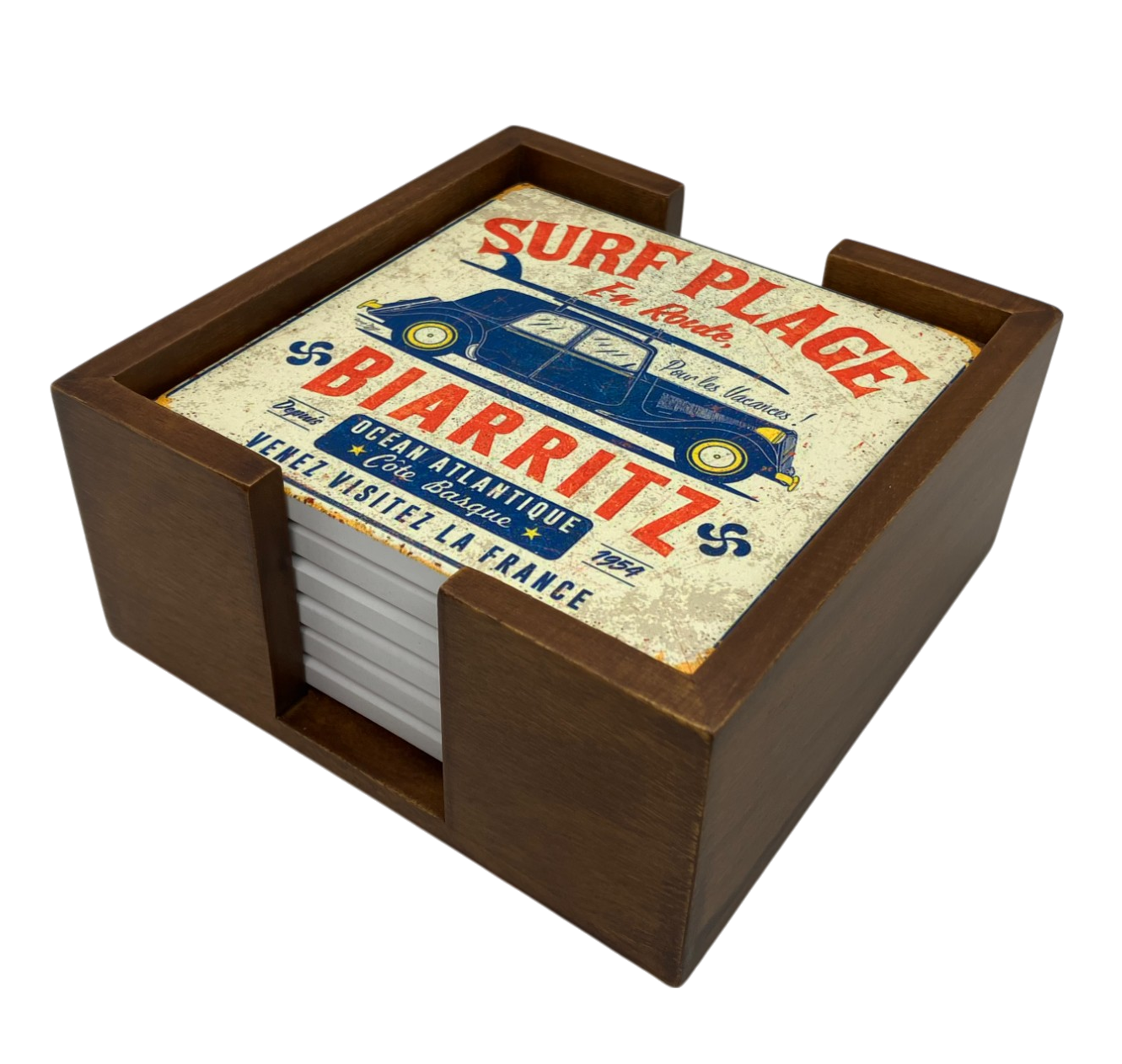 Walnut Finish Wooden 6 Coaster Holder Sets 1