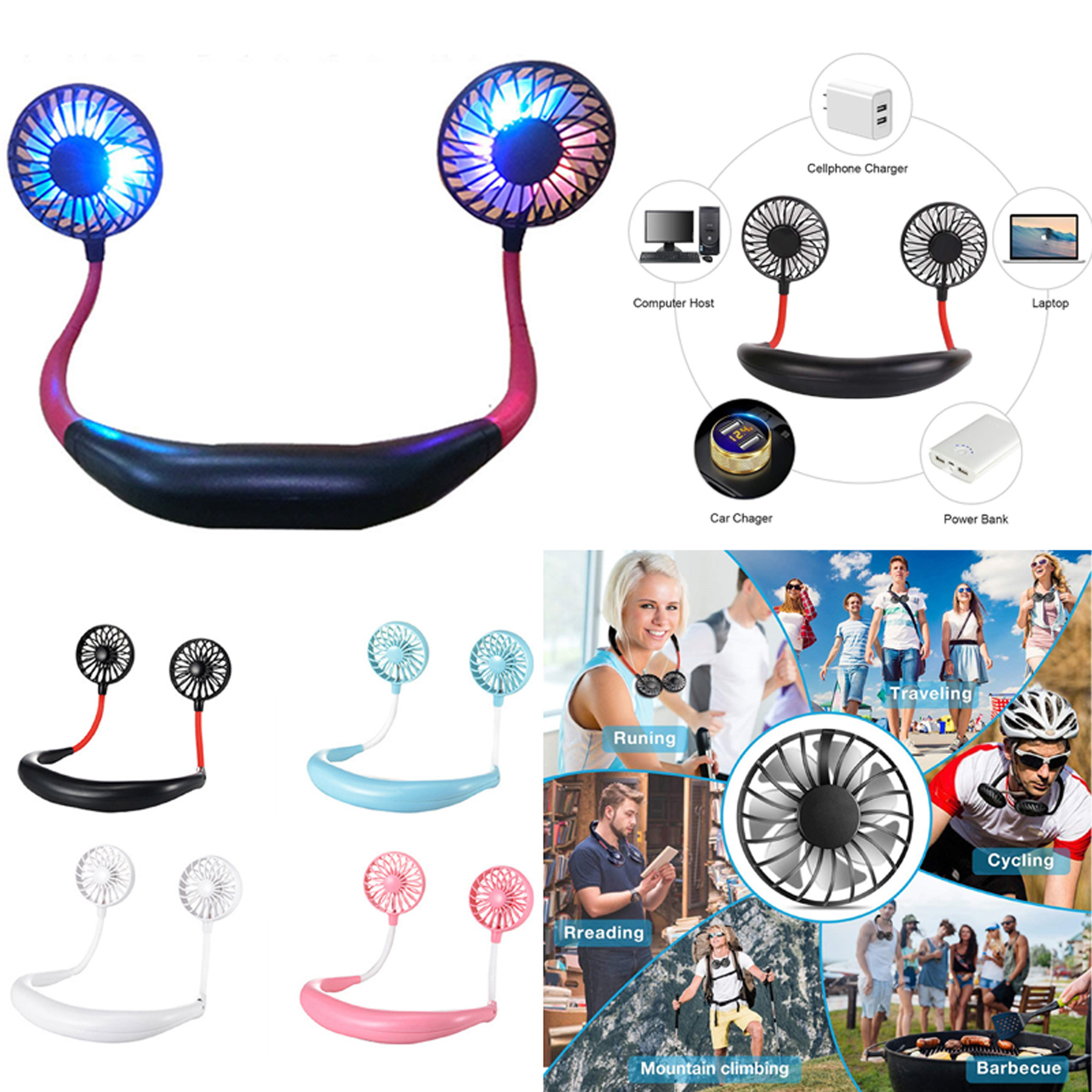 USB Rechargeable Neckband Fan With LED Light 2