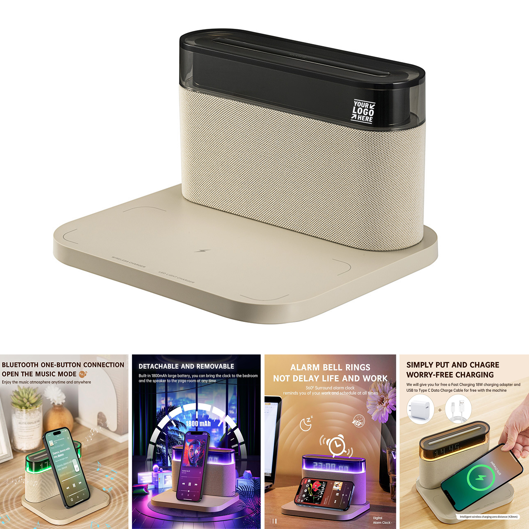 1800mAh Battery 3 Level Brightness Colorful Wireless Charging Bluetooth Speaker Digital Alarm Clock